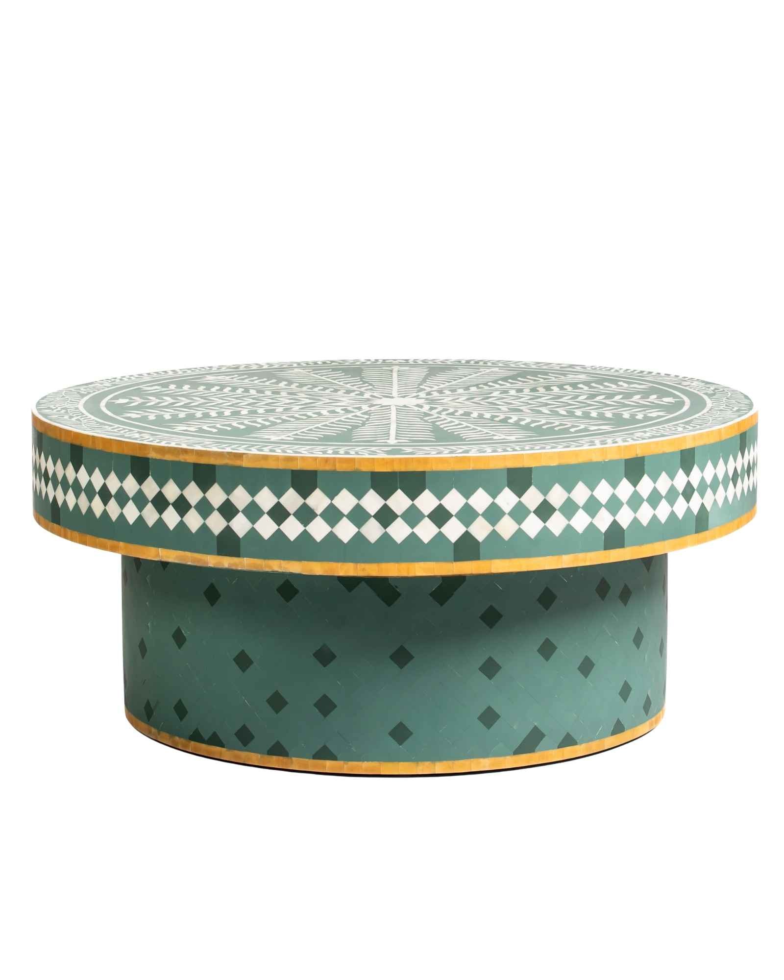 Bone inlay coffee table featuring intricate radial floral pattern in green and white, handcrafted furniture piece.