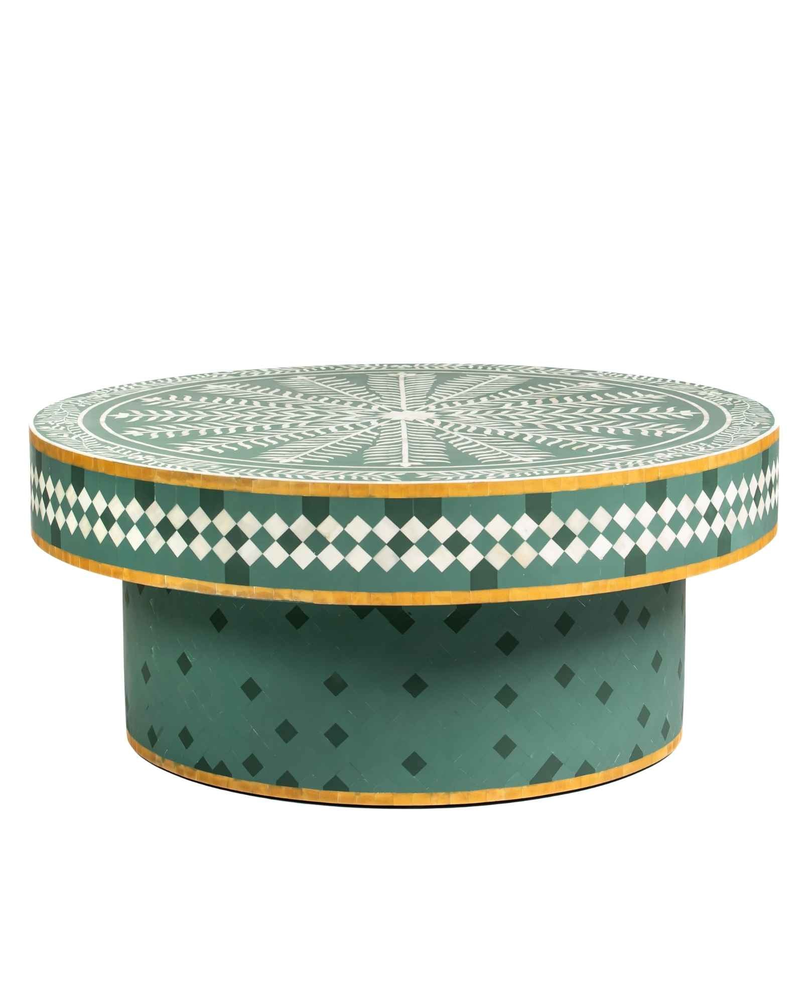 Bone inlay coffee table featuring intricate radial floral pattern in green and white, handcrafted furniture piece.