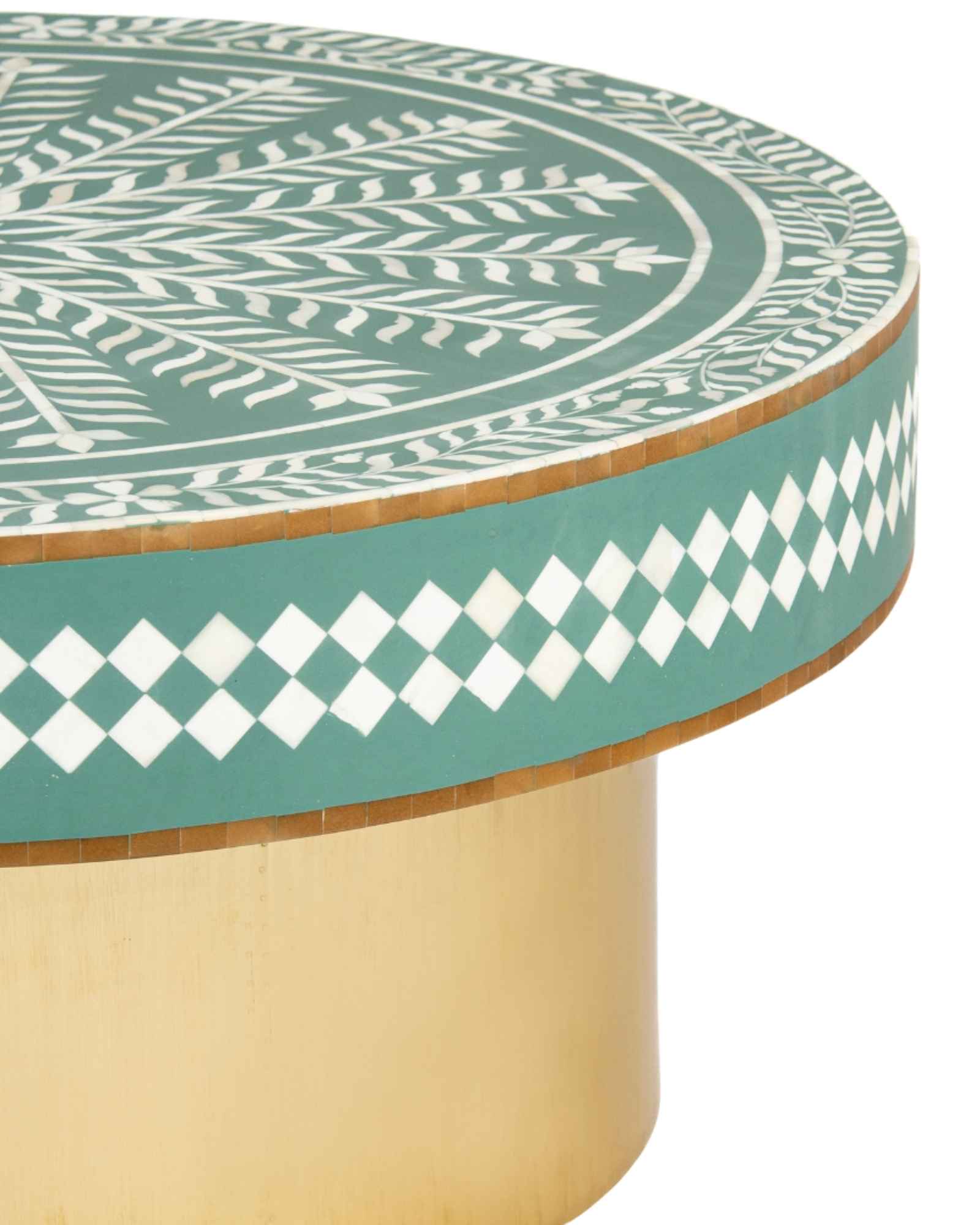 Green floral patterned bone inlay coffee table with diamond border detail and brushed gold cylindrical base by Tabeer Homes.