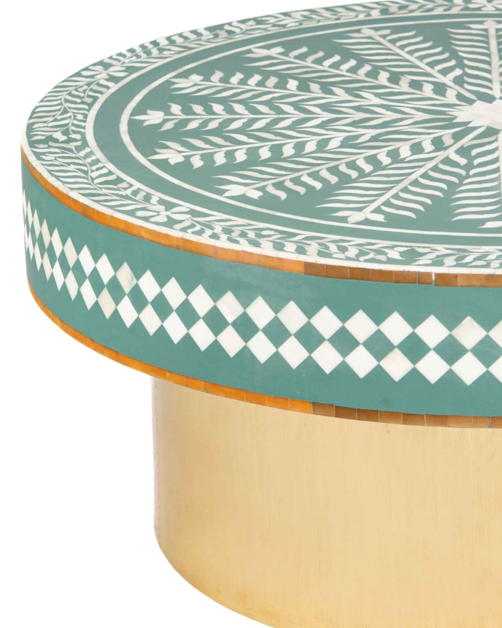 Green floral patterned bone inlay coffee table with diamond border detail and brushed gold cylindrical base by Tabeer Homes.