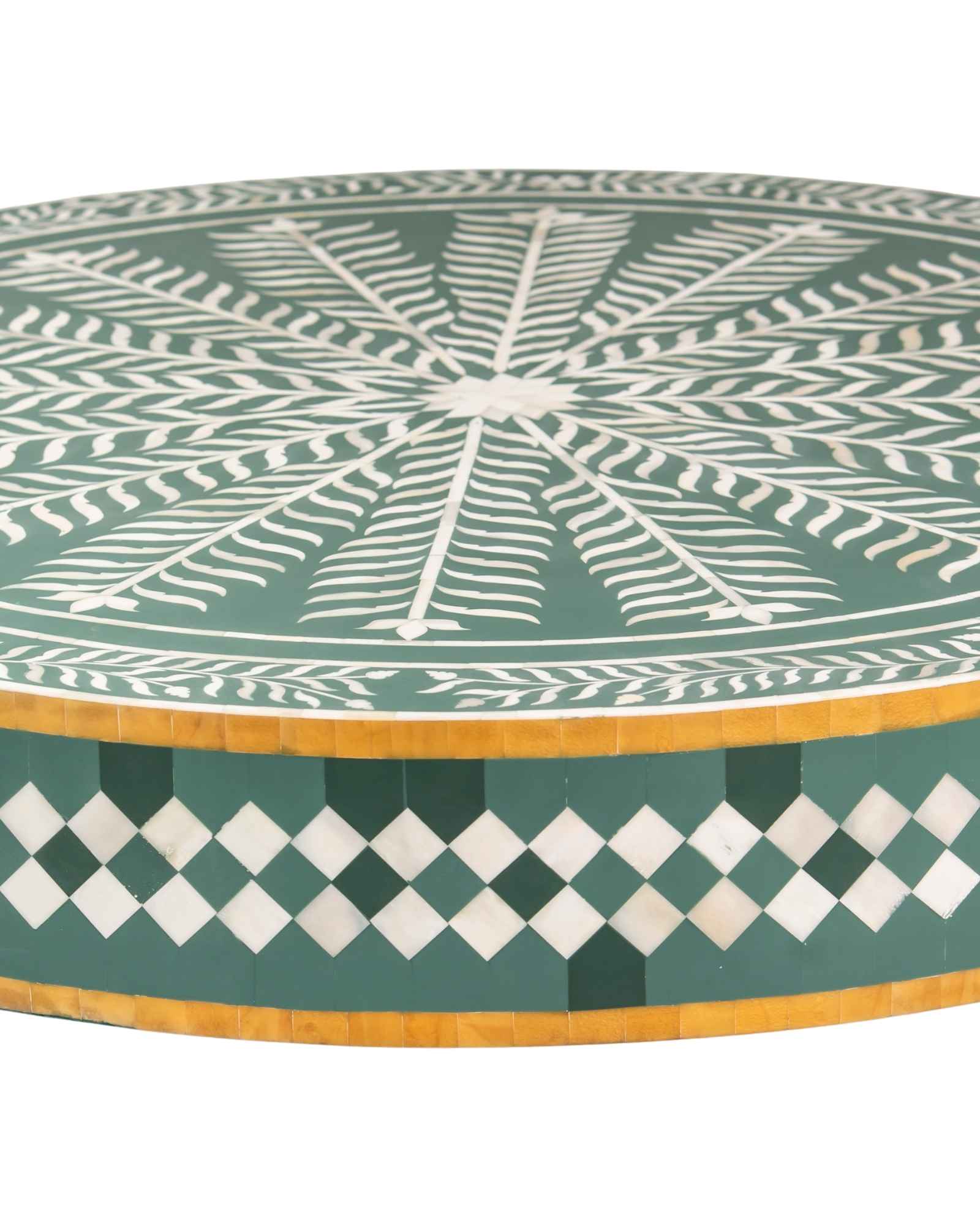 Bone inlay coffee table featuring intricate radial floral pattern in green and white, handcrafted furniture piece.