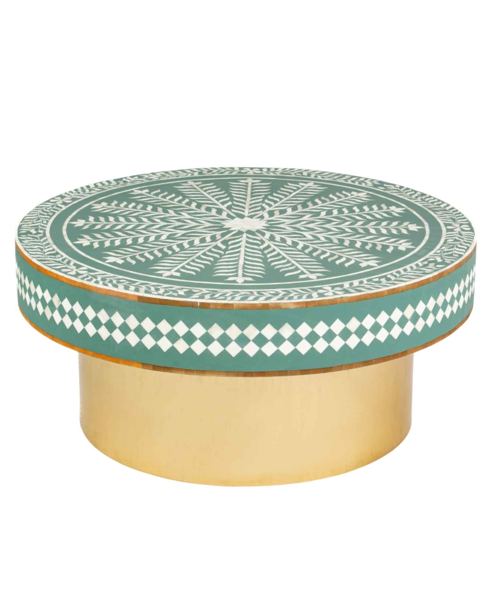 Green floral patterned bone inlay coffee table with diamond border detail and brushed gold cylindrical base by Tabeer Homes.