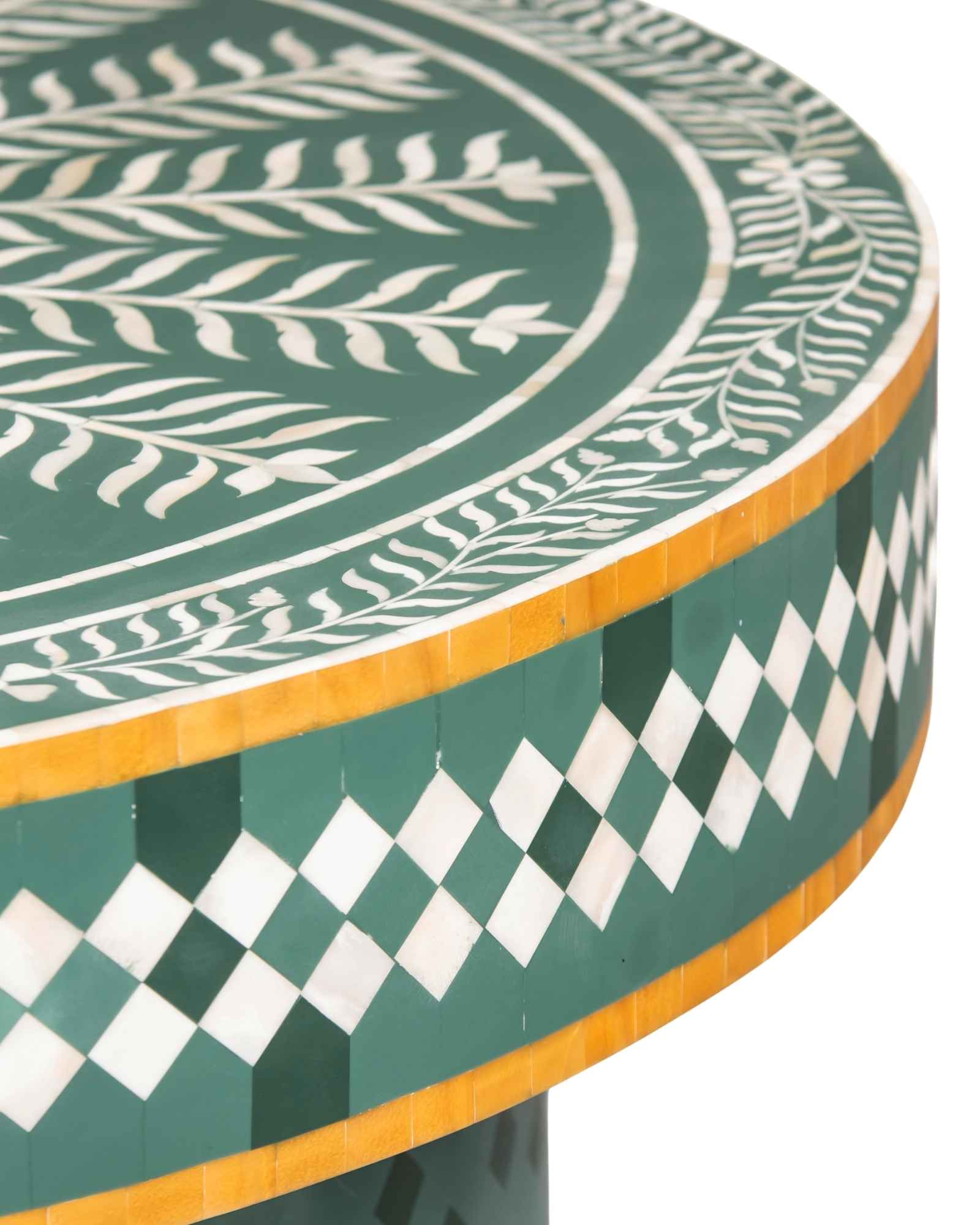 Bone inlay coffee table featuring intricate radial floral pattern in green and white, handcrafted furniture piece.