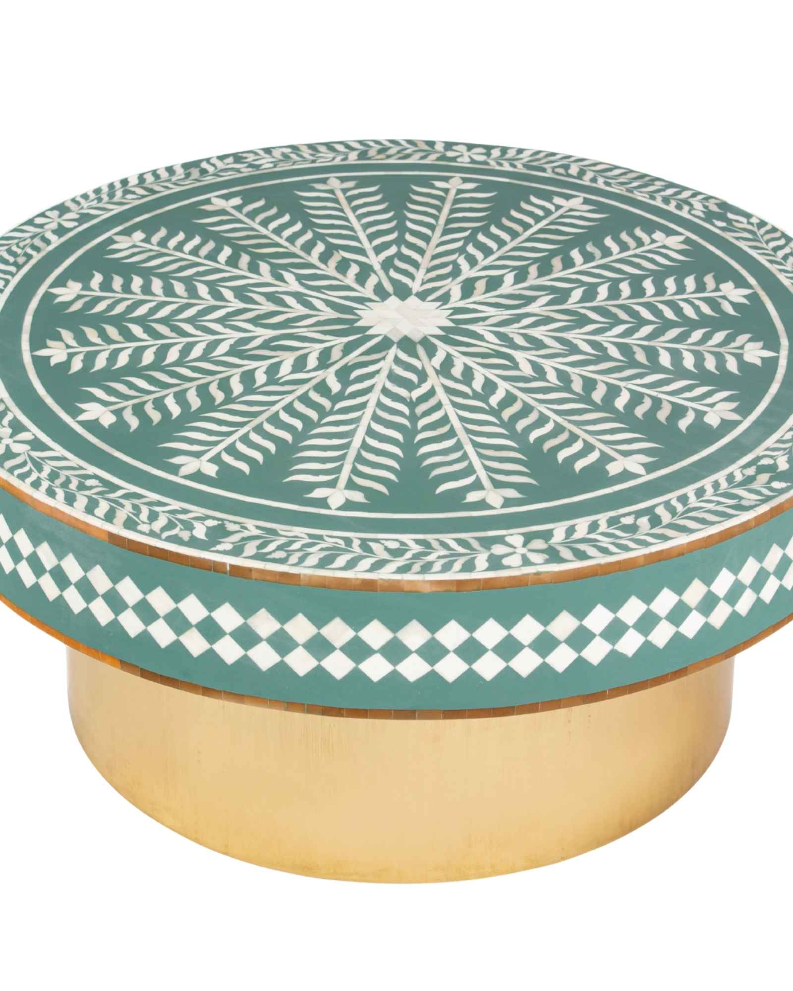 Green floral patterned bone inlay coffee table with diamond border detail and brushed gold cylindrical base by Tabeer Homes.