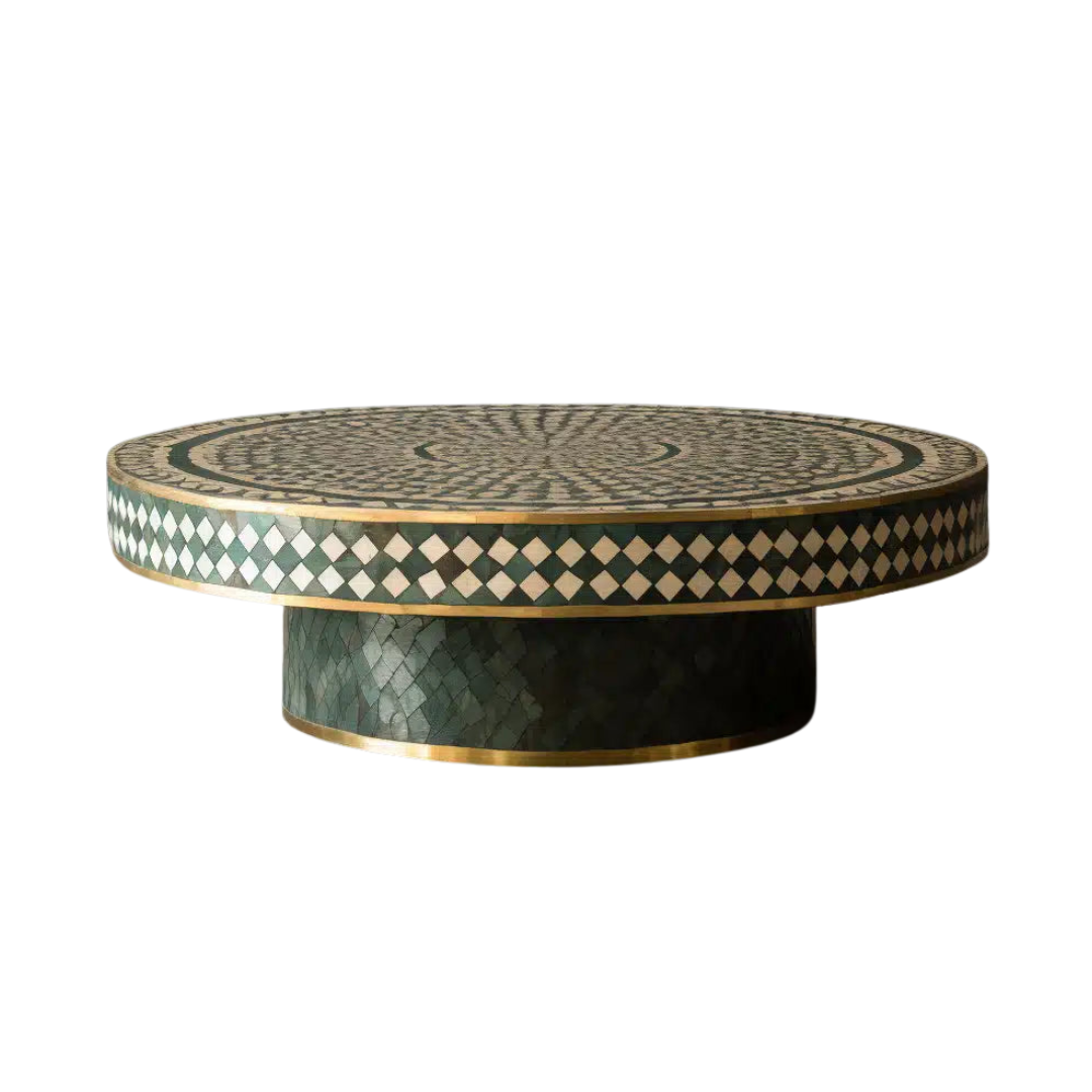 Astra Coffee Table, green bone inlay design with brass accents, handcrafted floral and diamond pattern by Tabeer Homes