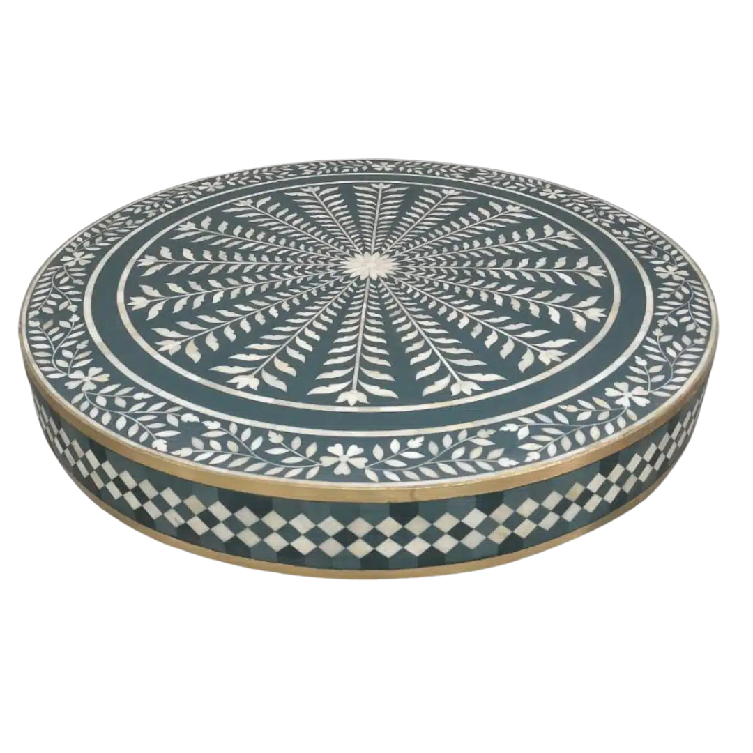 Astra Coffee Table, green bone inlay design with brass accents, handcrafted floral and diamond pattern by Tabeer Homes