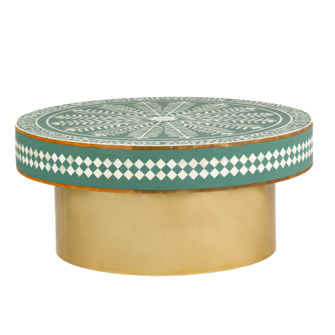 Green floral patterned bone inlay coffee table with diamond border detail and brushed gold cylindrical base by Tabeer Homes.