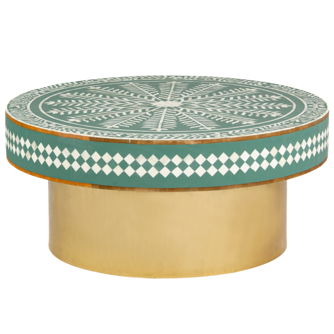 Green floral patterned bone inlay coffee table with diamond border detail and brushed gold cylindrical base by Tabeer Homes.