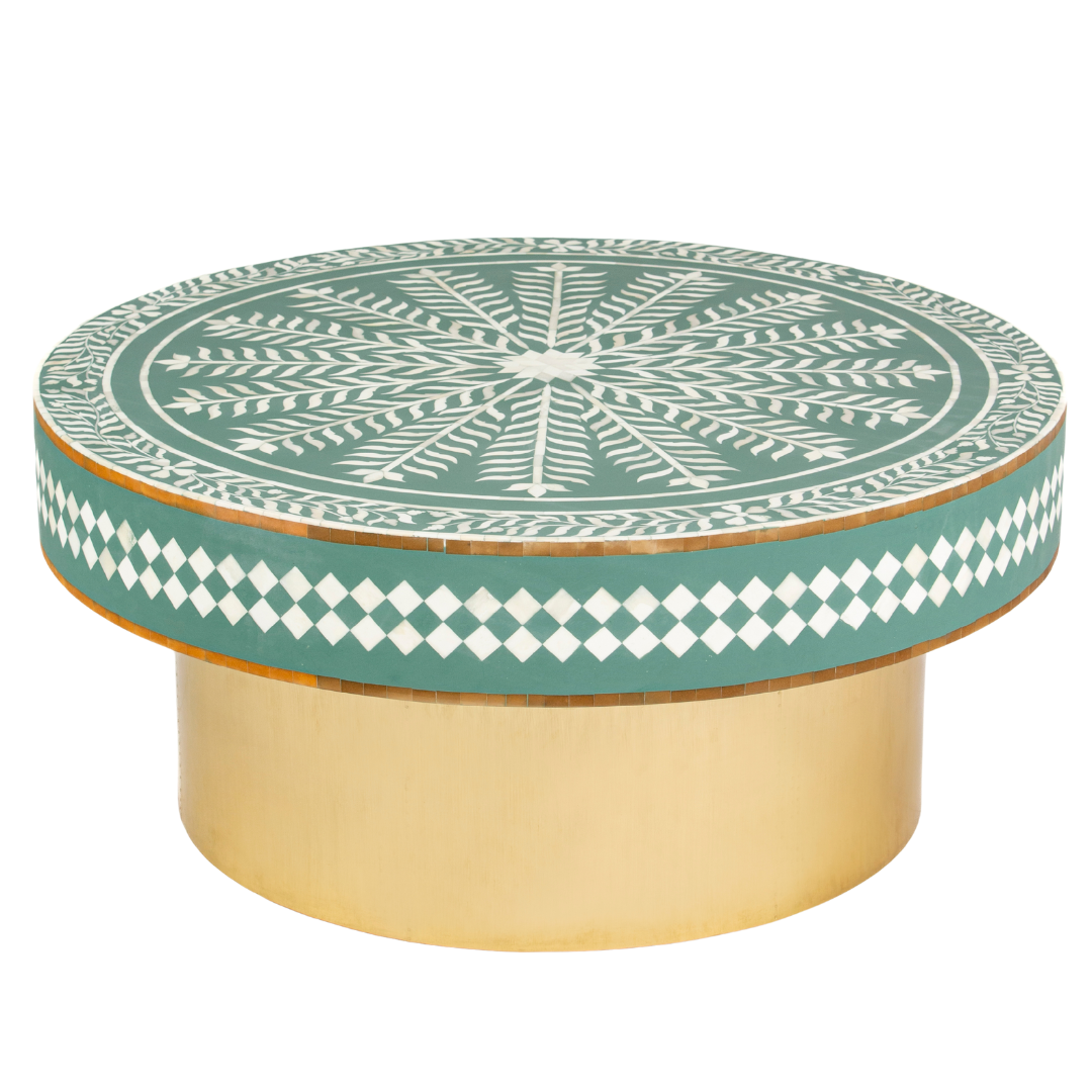 Green floral patterned bone inlay coffee table with diamond border detail and brushed gold cylindrical base by Tabeer Homes.