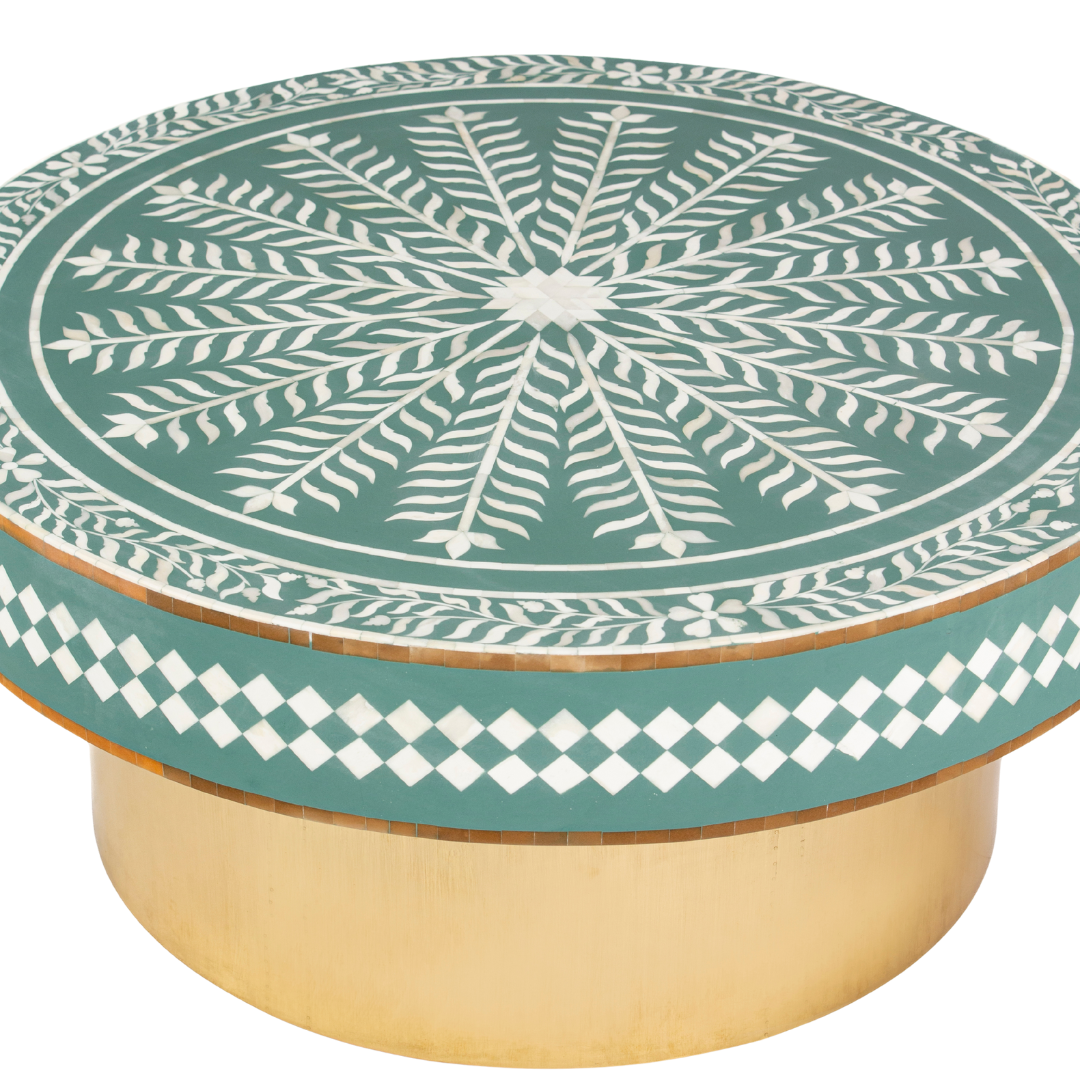 Green floral patterned bone inlay coffee table with diamond border detail and brushed gold cylindrical base by Tabeer Homes.