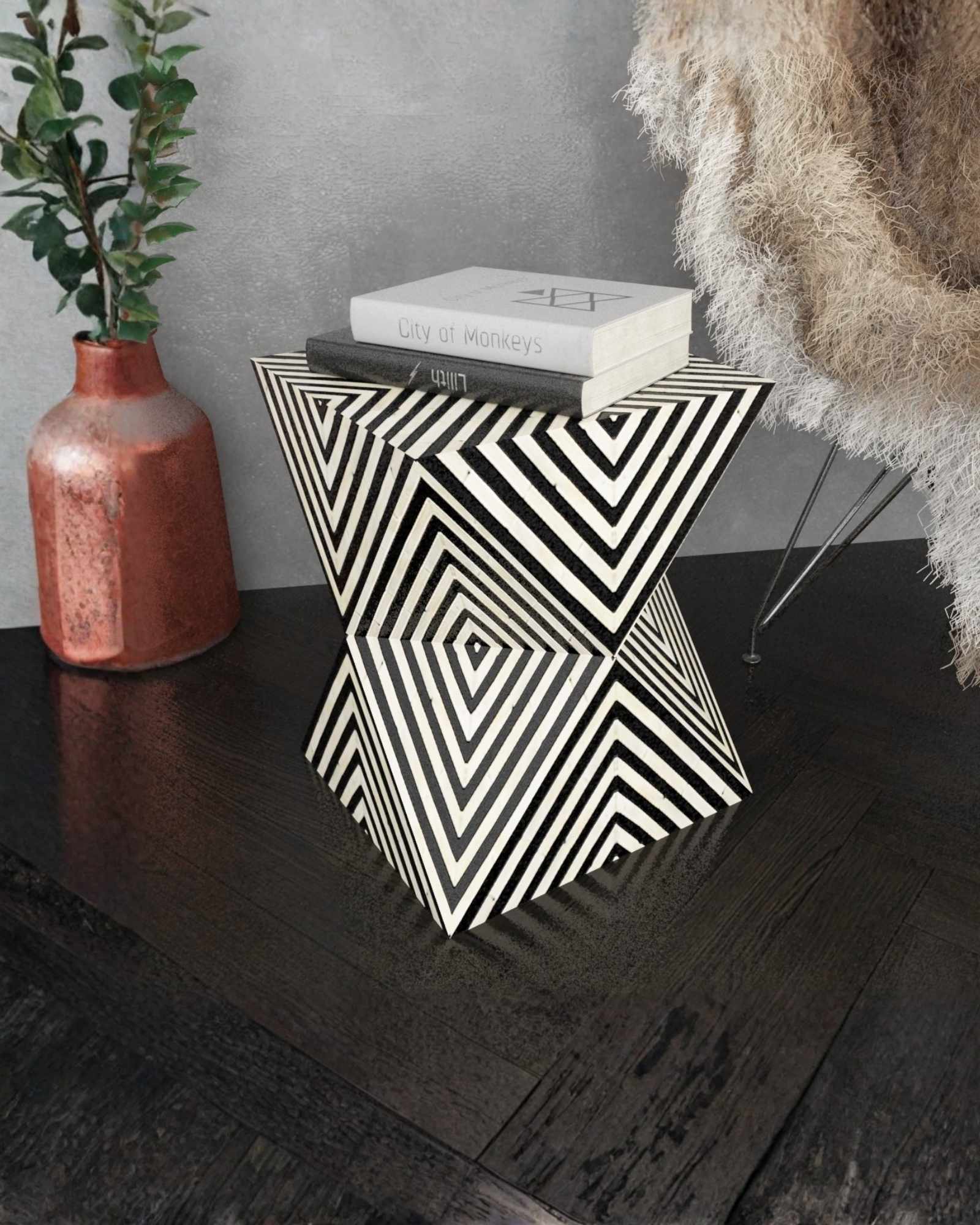 Athaar Side Table - Black & White Bone Inlay - Tabeer Homes