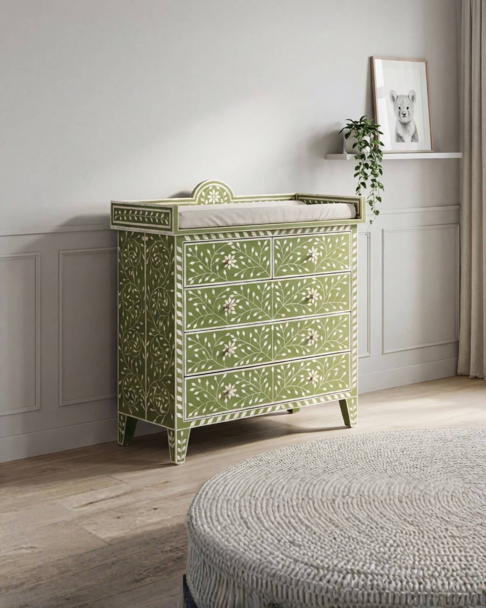 Bone inlay chest of drawers featuring intricate floral vine pattern in green and white, handcrafted furniture piece.