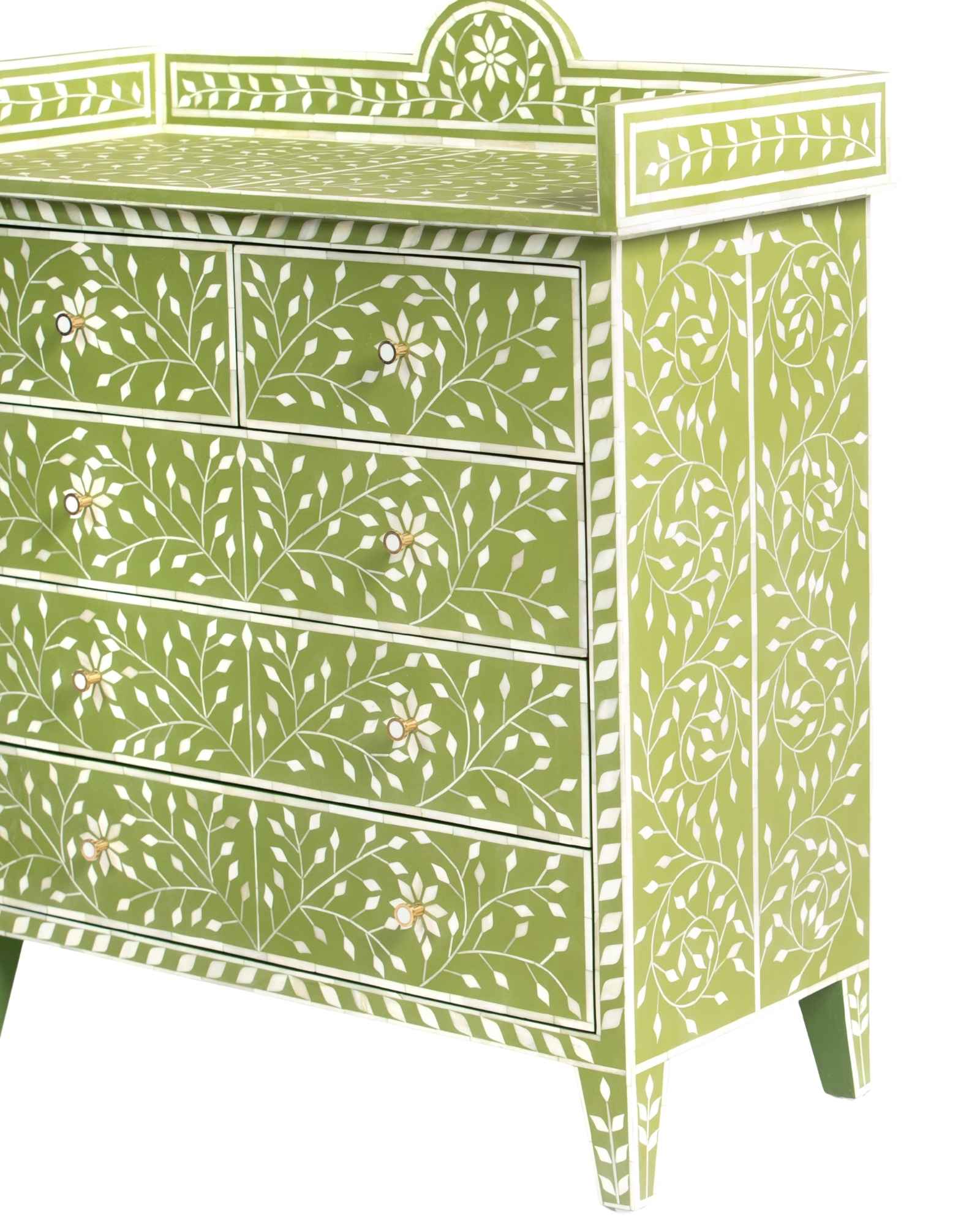 Bone inlay chest of drawers featuring intricate floral vine pattern in green and white, handcrafted furniture piece.