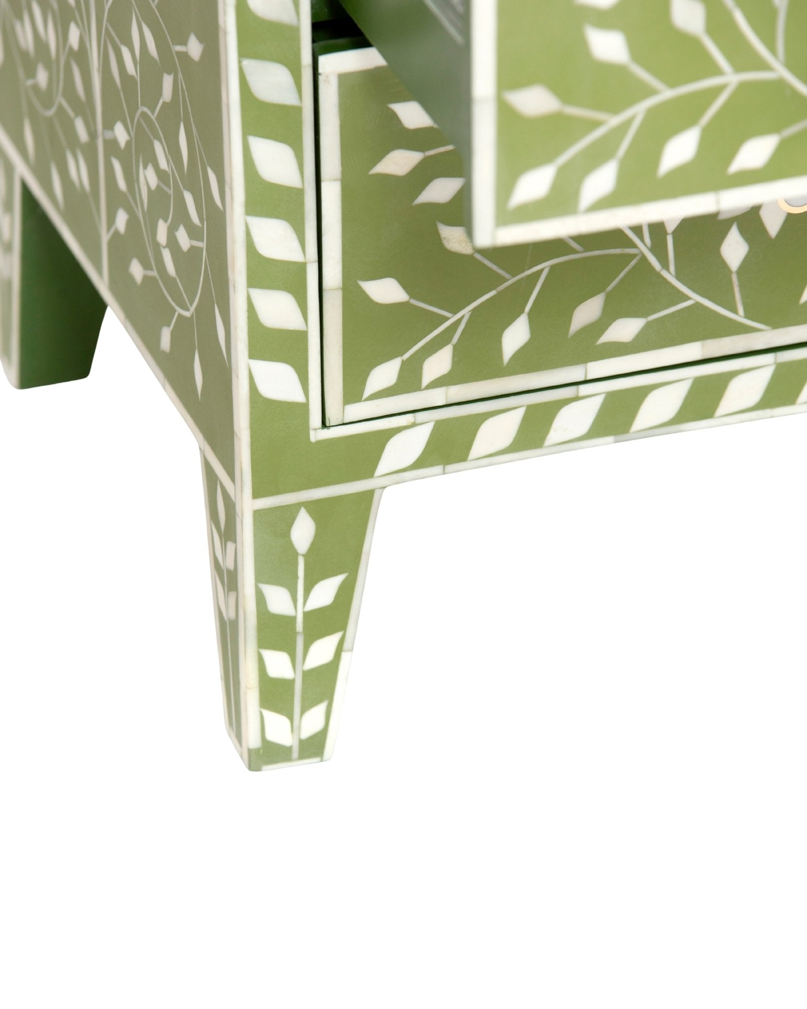 Bone inlay chest of drawers featuring intricate floral vine pattern in green and white, handcrafted furniture piece.
