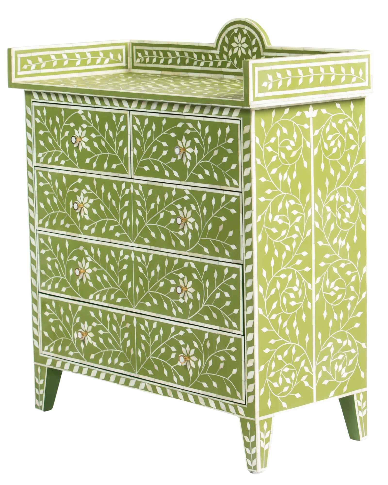 Bone inlay chest of drawers featuring intricate floral vine pattern in green and white, handcrafted furniture piece.