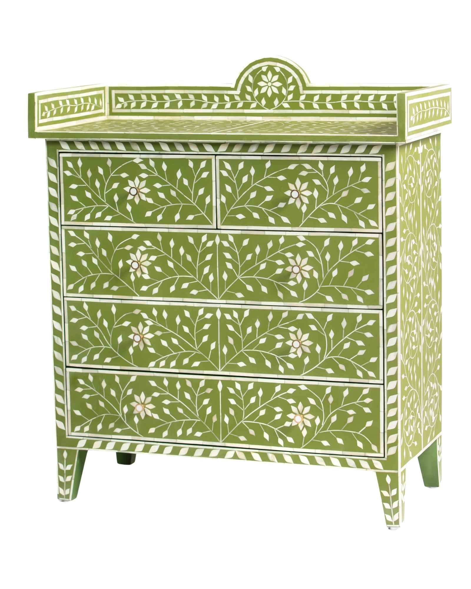 Bone inlay chest of drawers featuring intricate floral vine pattern in green and white, handcrafted furniture piece.