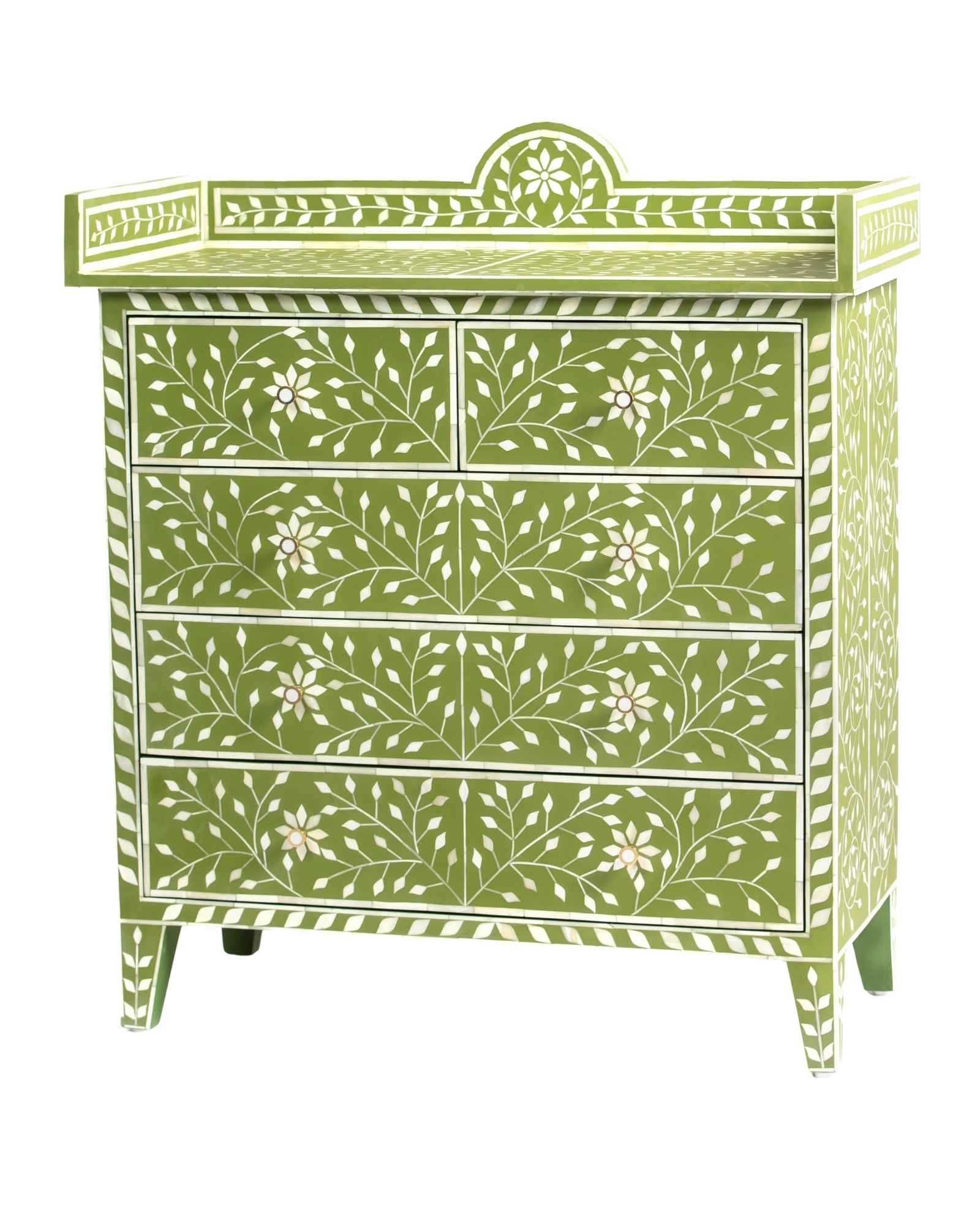 Bone inlay chest of drawers featuring intricate floral vine pattern in green and white, handcrafted furniture piece.