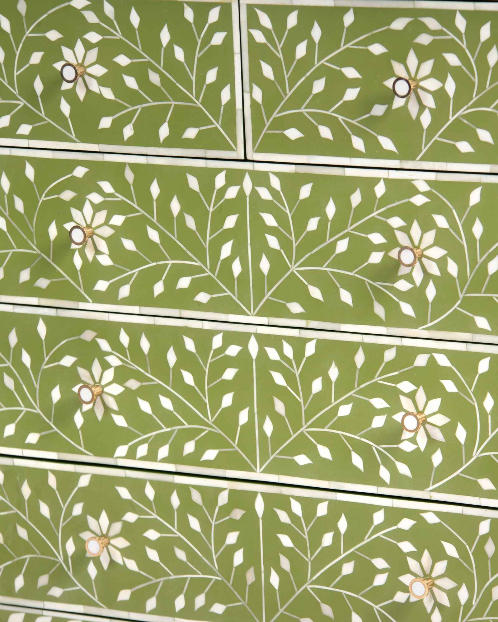 Bone inlay chest of drawers featuring intricate floral vine pattern in green and white, handcrafted furniture piece.
