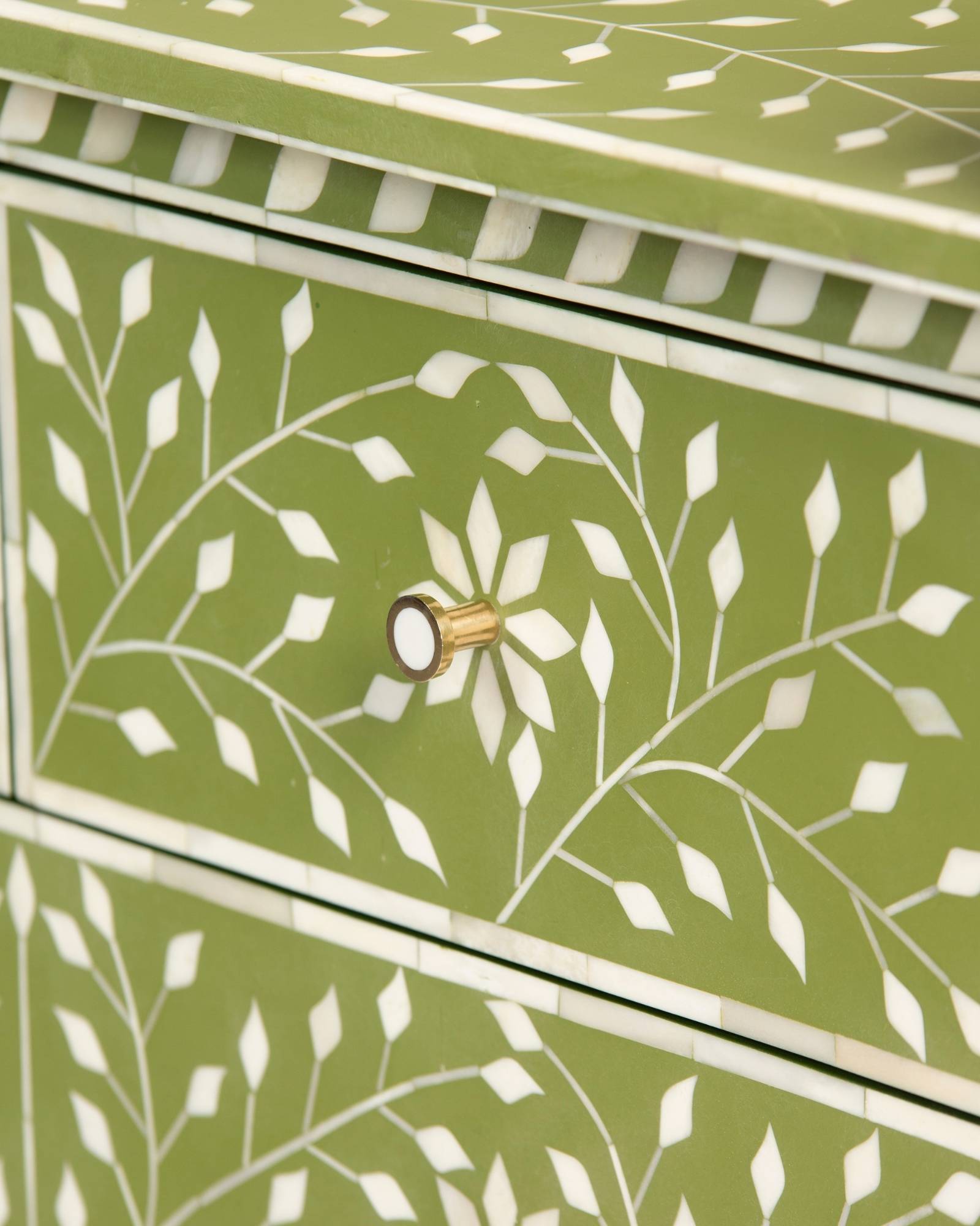Bone inlay chest of drawers featuring intricate floral vine pattern in green and white, handcrafted furniture piece.