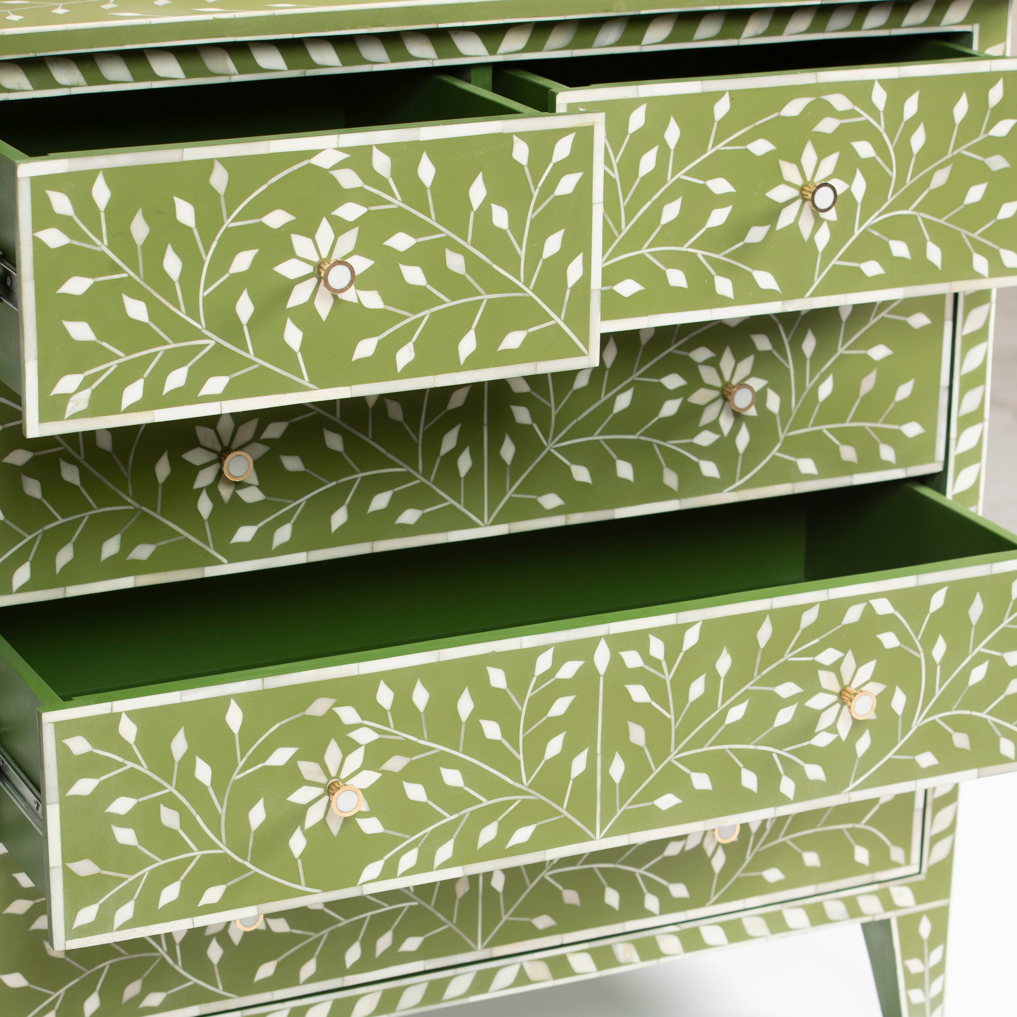 Bone inlay chest of drawers featuring intricate floral vine pattern in green and white, handcrafted furniture piece