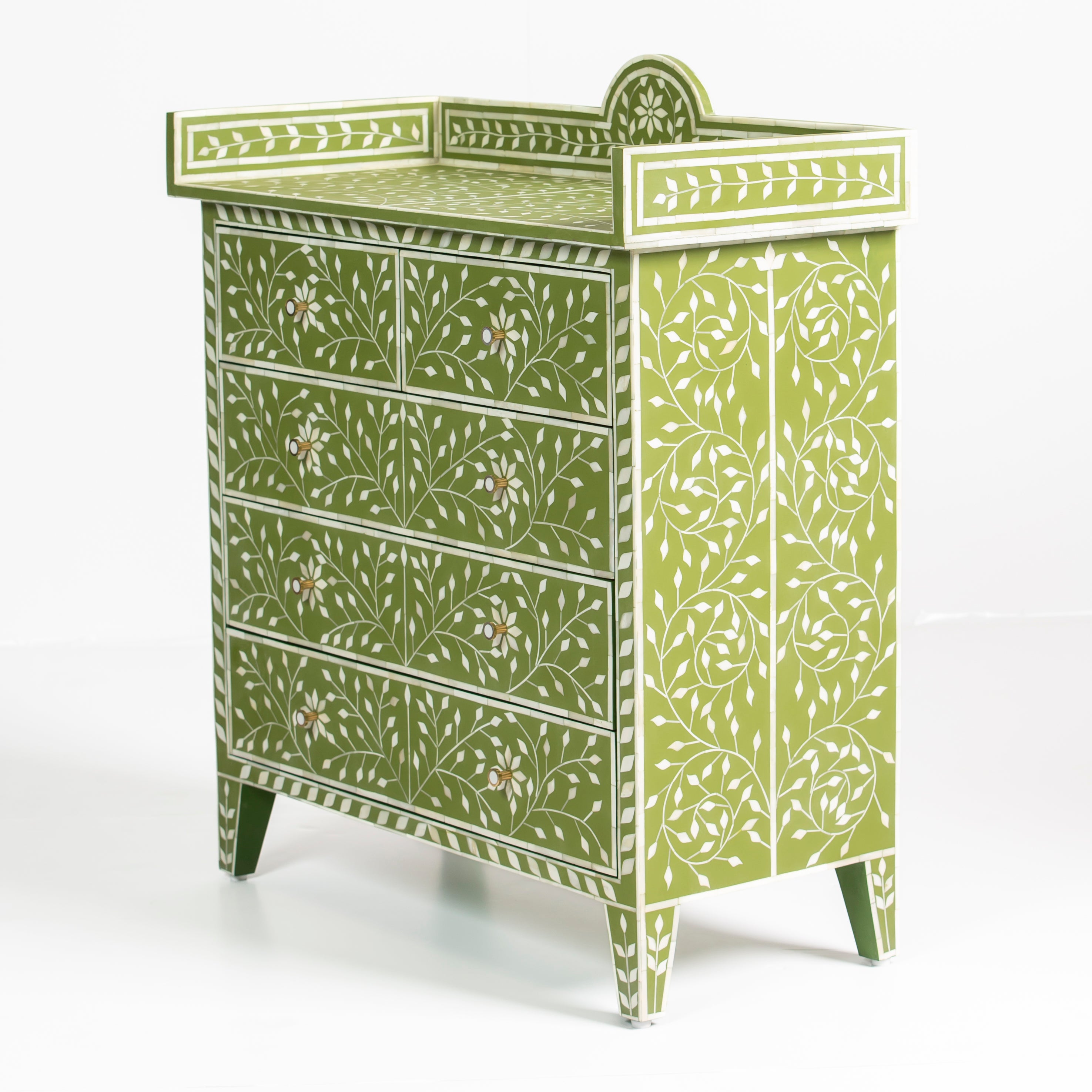 Bone inlay chest of drawers featuring intricate floral vine pattern in green and white, handcrafted furniture piece