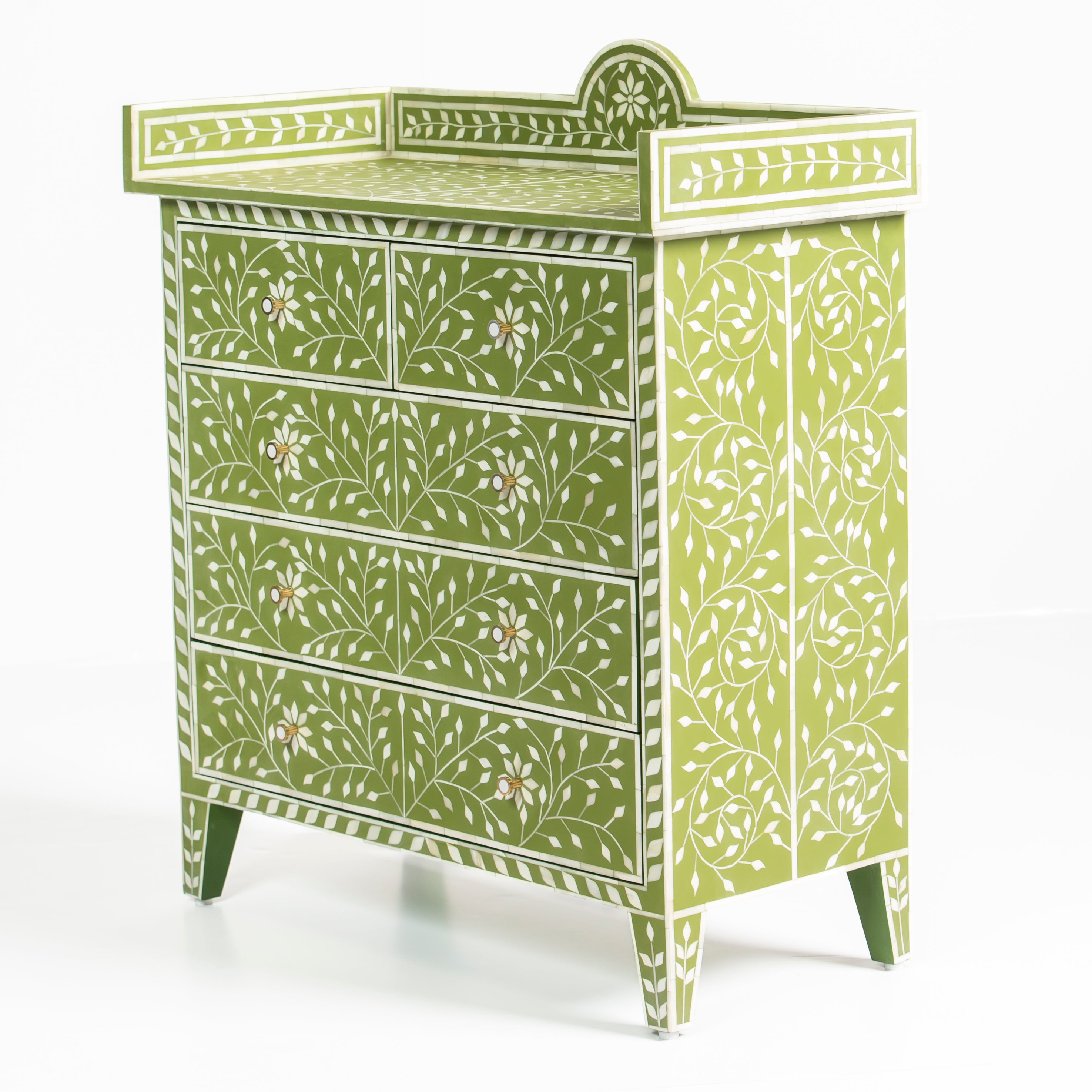 Bone inlay chest of drawers featuring intricate floral vine pattern in green and white, handcrafted furniture piece