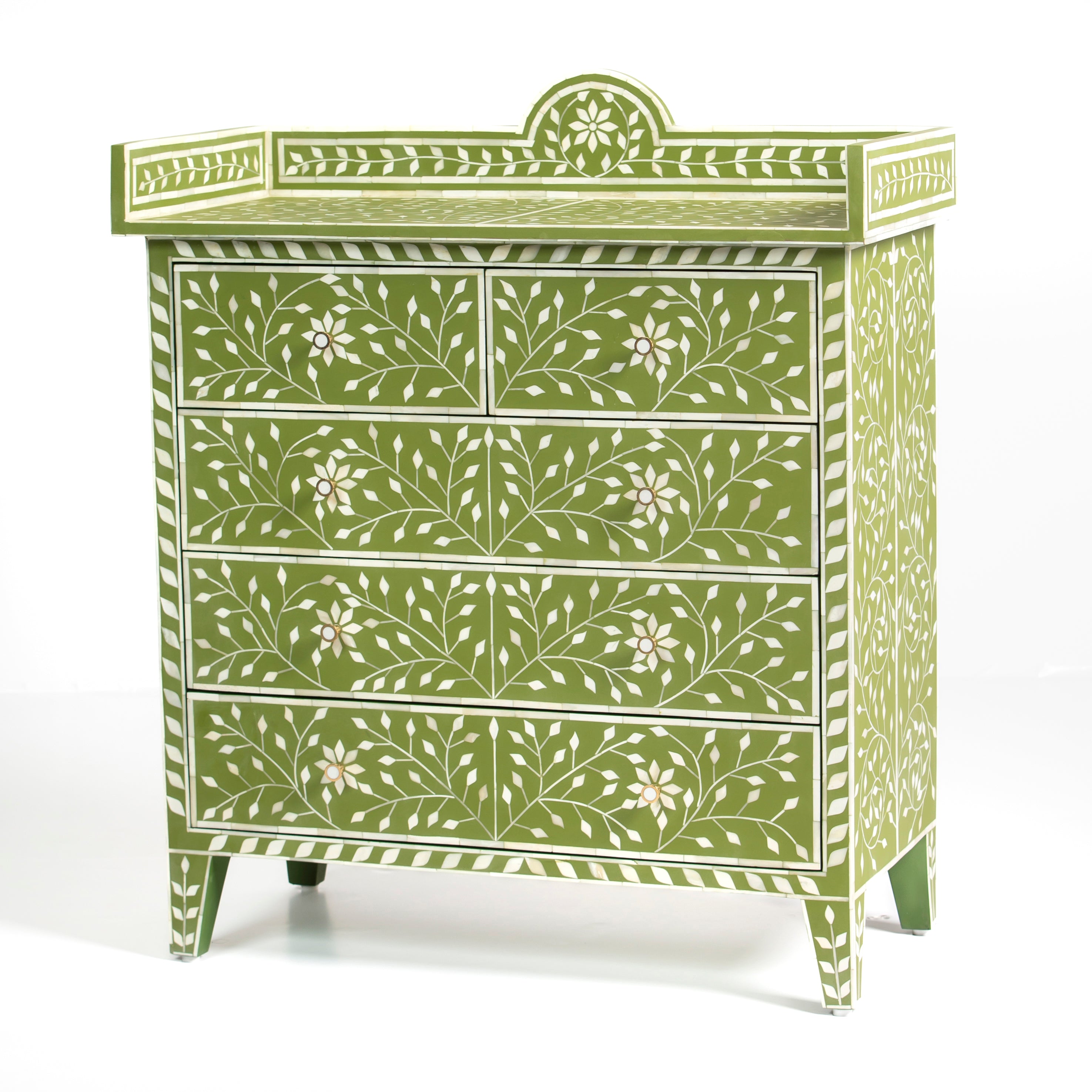 Bone inlay chest of drawers featuring intricate floral vine pattern in green and white, handcrafted furniture piece