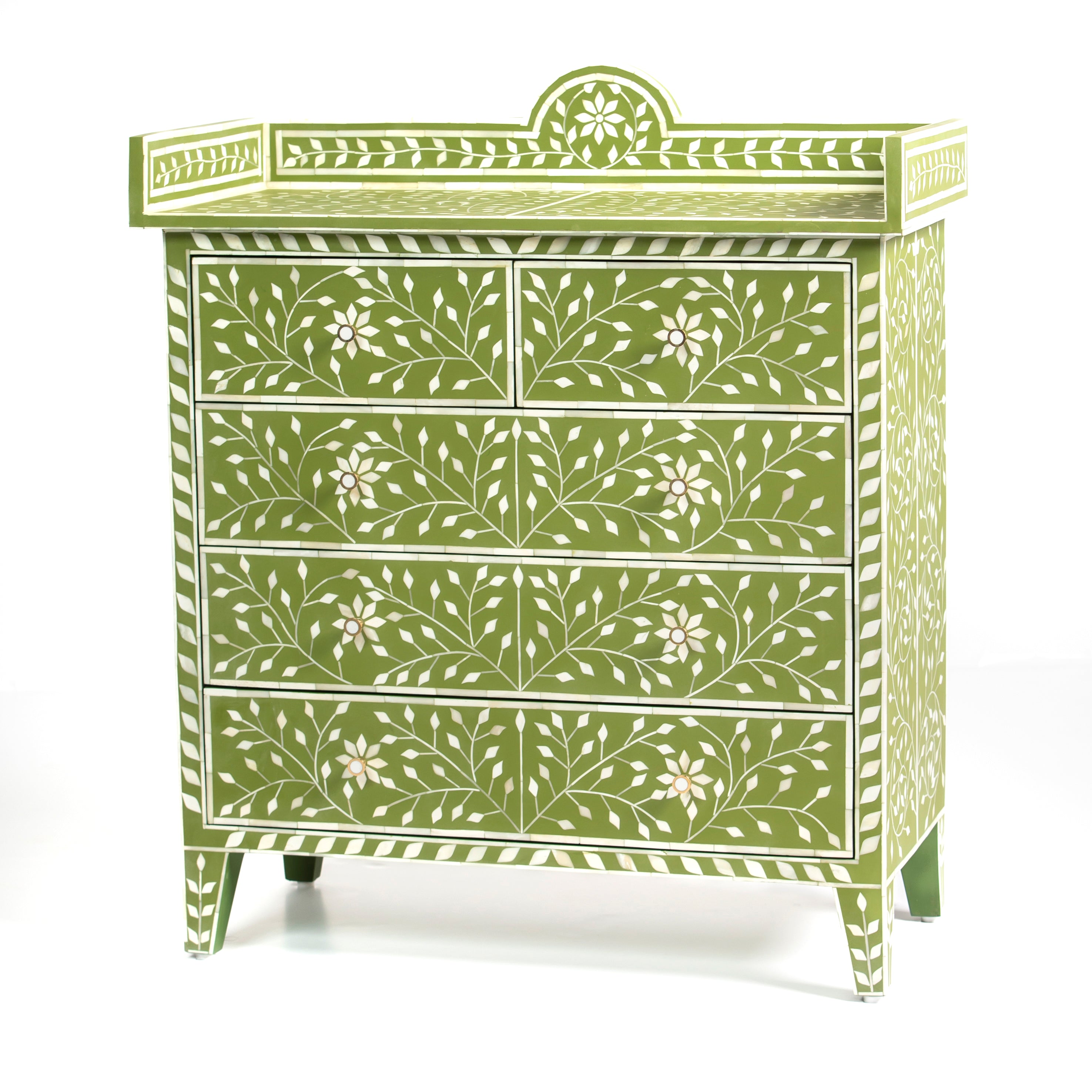 Bone inlay chest of drawers featuring intricate floral vine pattern in green and white, handcrafted furniture piece