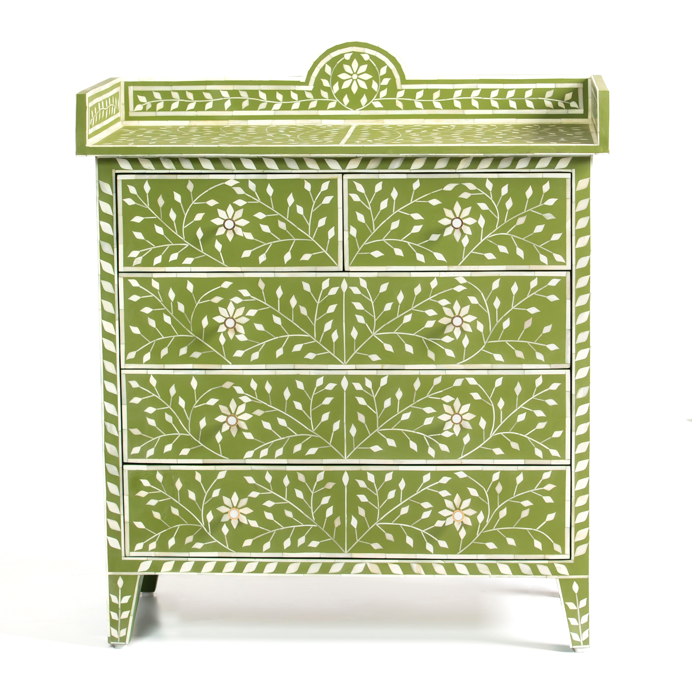 Bone inlay chest of drawers featuring intricate floral vine pattern in green and white, handcrafted furniture piece