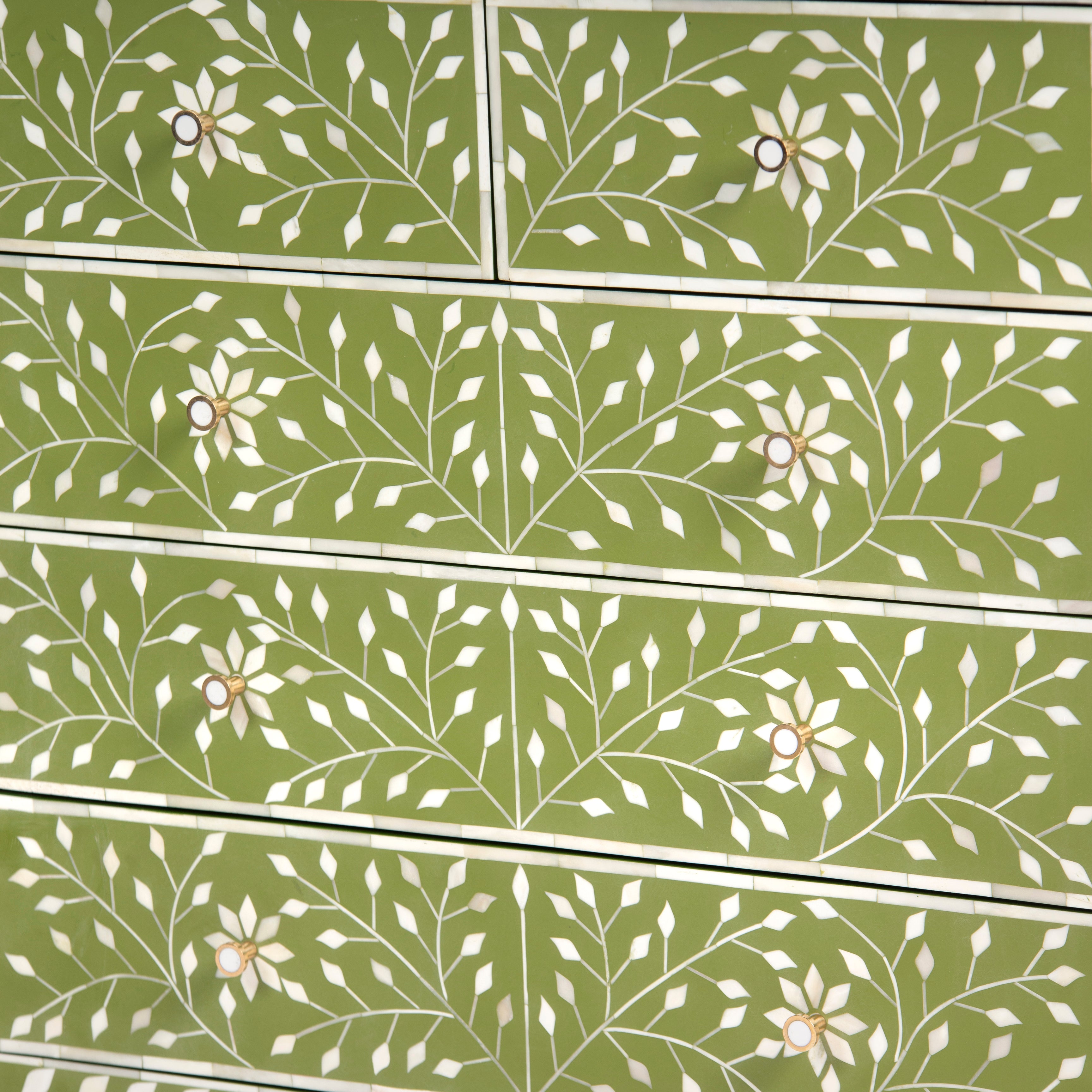 Bone inlay chest of drawers featuring intricate floral vine pattern in green and white, handcrafted furniture piece