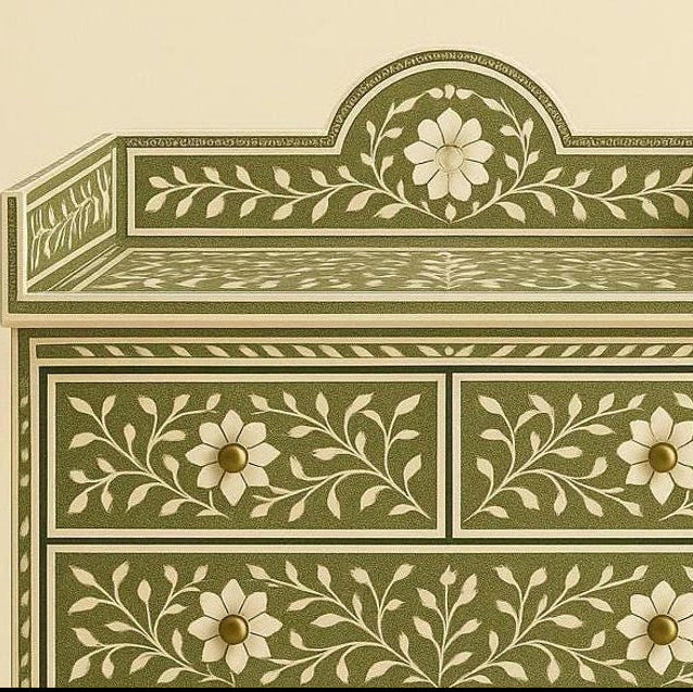 Avani Changing Station Chest of Drawers in Green Bone Inlay floral pattern by tabeer homes