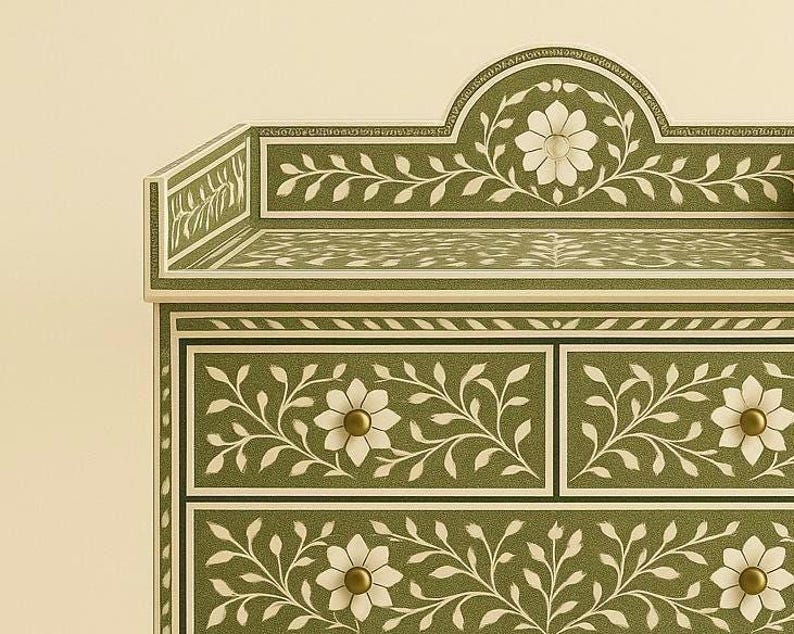 Avani Changing Station Chest of Drawers in Green Bone Inlay floral pattern by tabeer homes