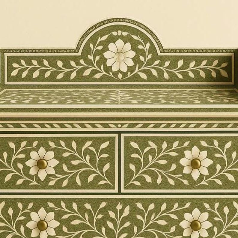 Avani Changing Station Chest of Drawers in Green Bone Inlay floral pattern by tabeer homes