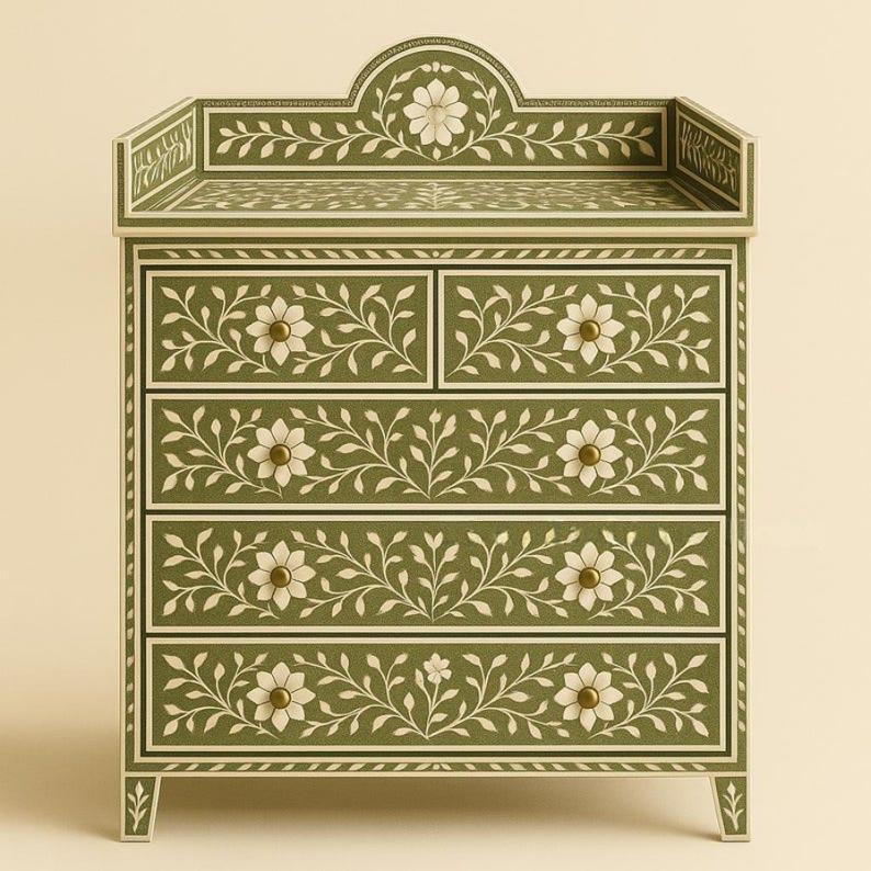 Avani Changing Station Chest of Drawers in Green Bone Inlay floral pattern by tabeer homes