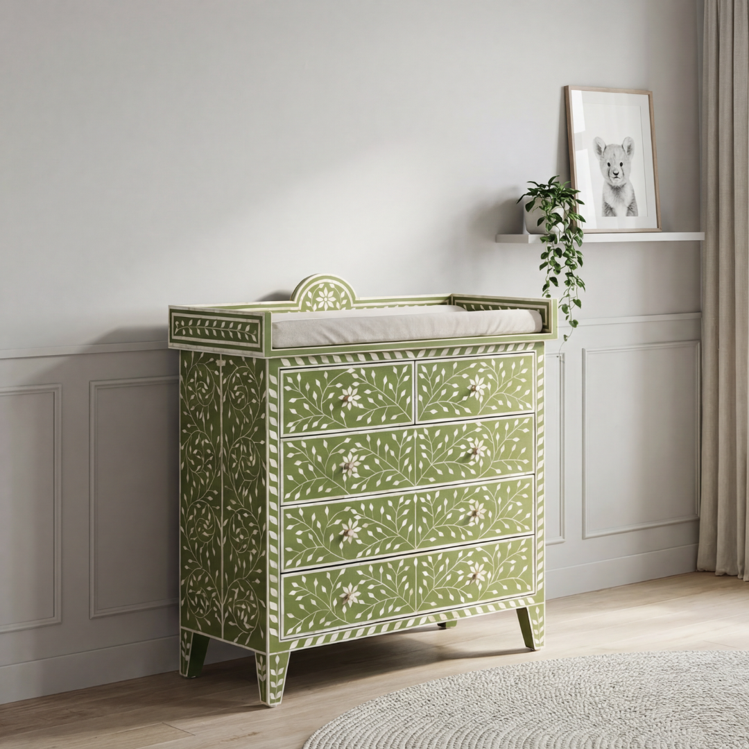 Bone inlay chest of drawers featuring intricate floral vine pattern in green and white, handcrafted furniture piece