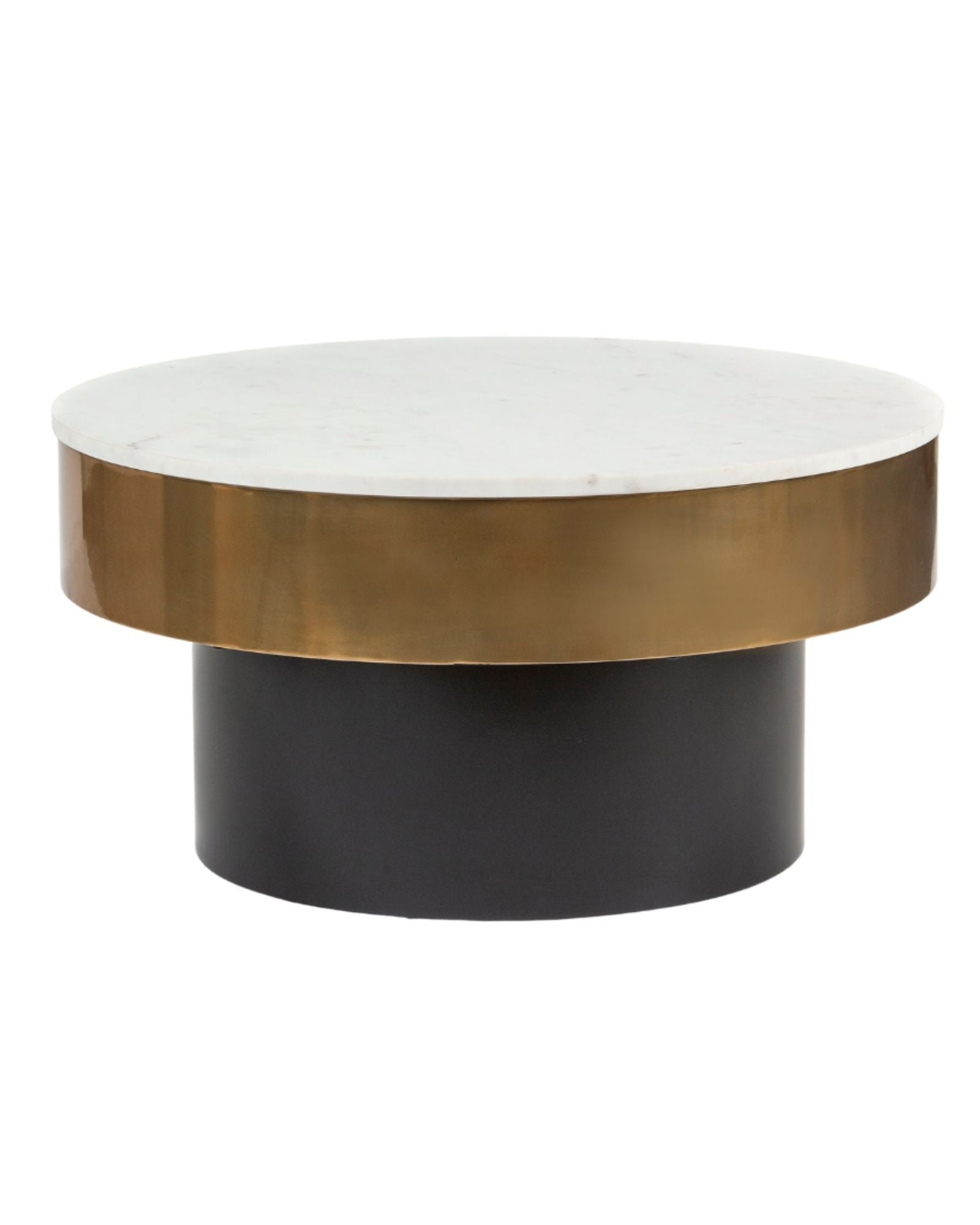 Avo Coffee Table with a luxurious white marble top, gold accent, and black cylindrical base. A modern statement piece for living spaces.
