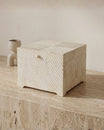 Hand carved bone decorative box with geometric texture, square storage box in natural ivory finish.