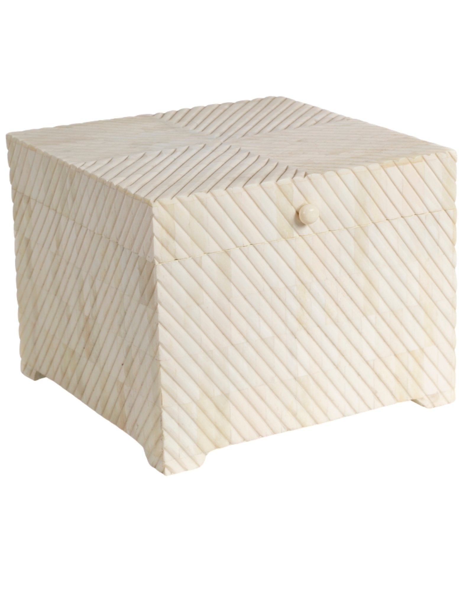 Hand carved bone decorative box with geometric texture, square storage box in natural ivory finish.