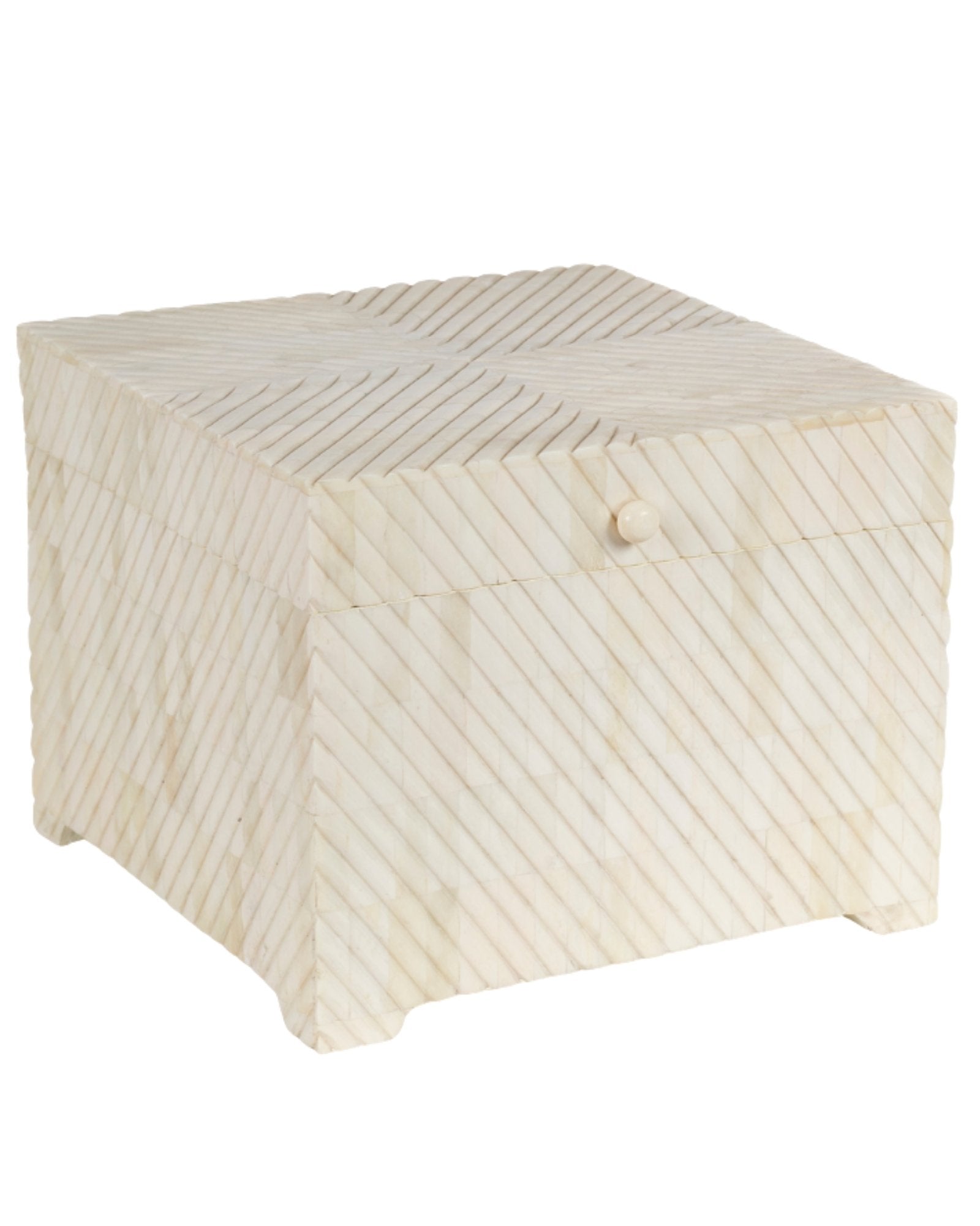 Hand carved bone decorative box with geometric texture, square storage box in natural ivory finish.