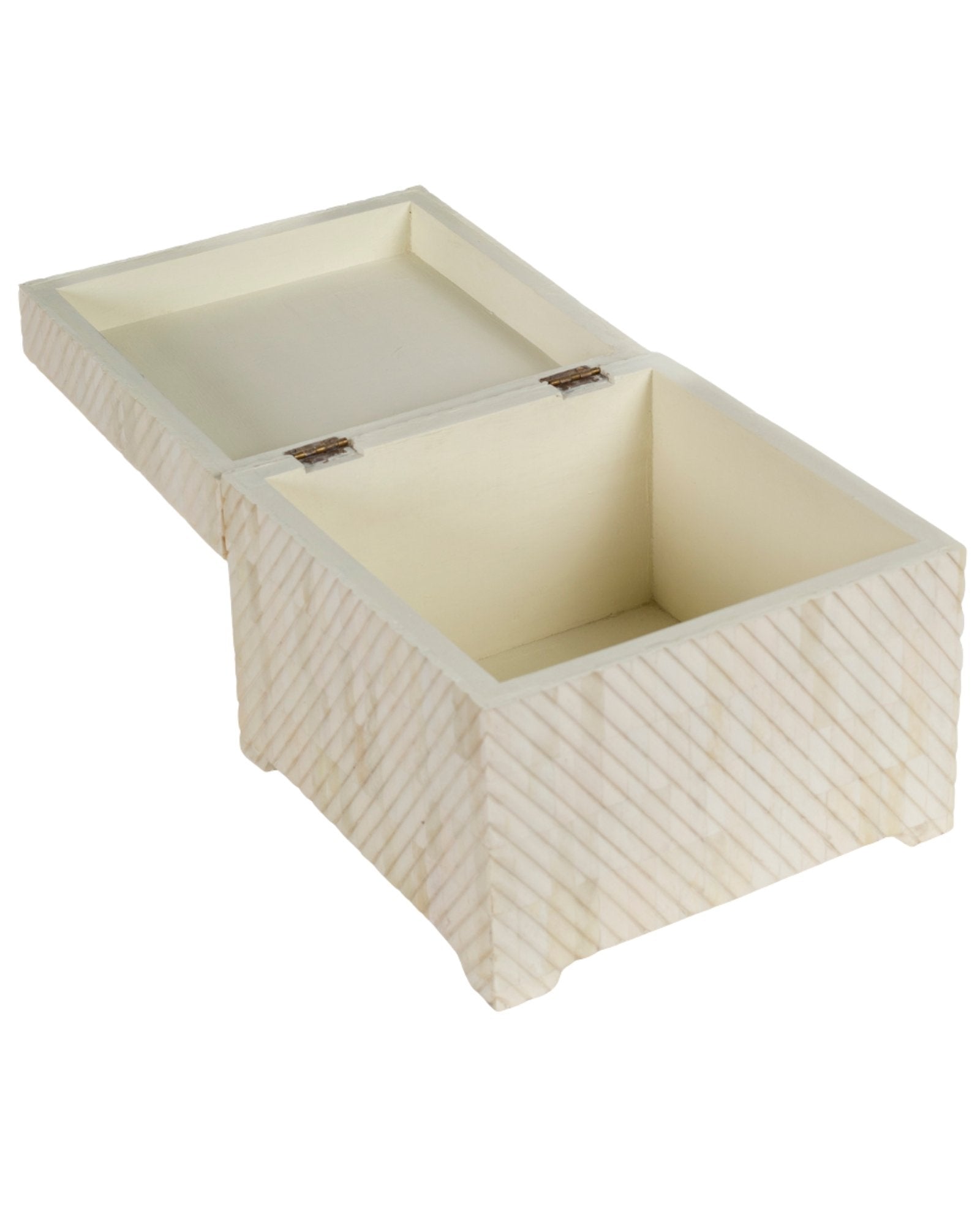Hand carved bone decorative box with geometric texture, square storage box in natural ivory finish.