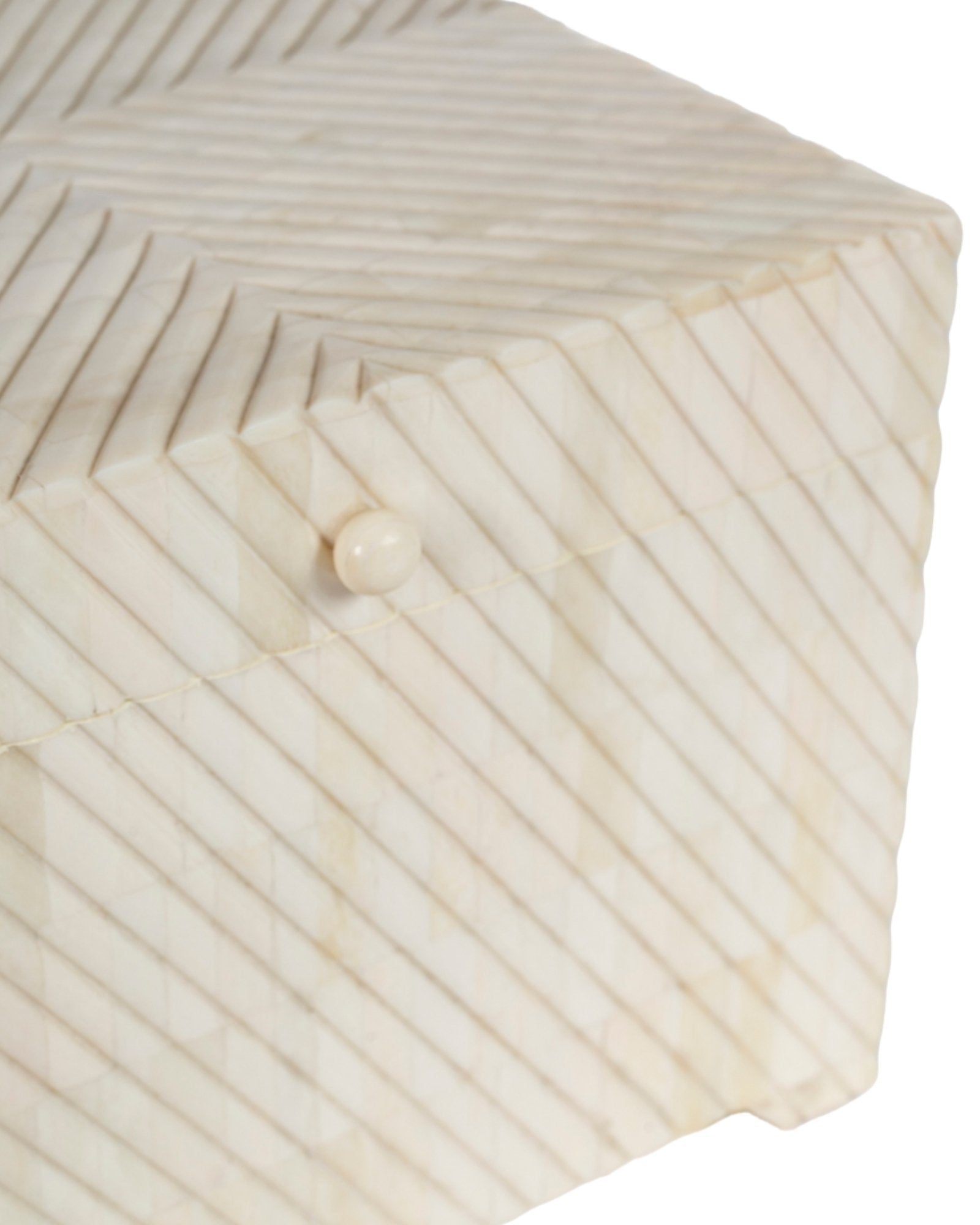 Hand carved bone decorative box with geometric texture, square storage box in natural ivory finish.