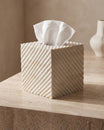 Hand carved bone tissue box with textured geometric pattern, decorative square tissue holder in natural ivory finish.