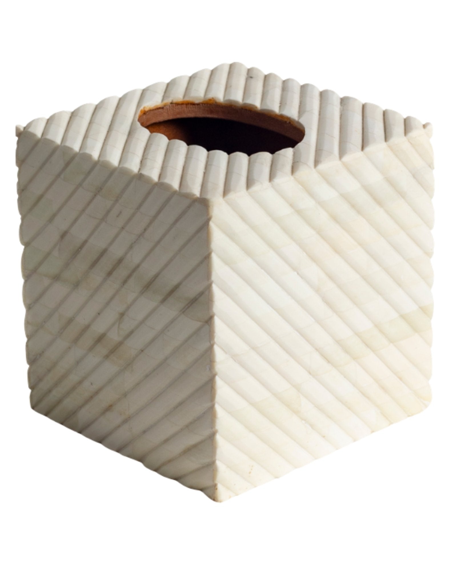 Hand carved bone tissue box with textured geometric pattern, decorative square tissue holder in natural ivory finish.