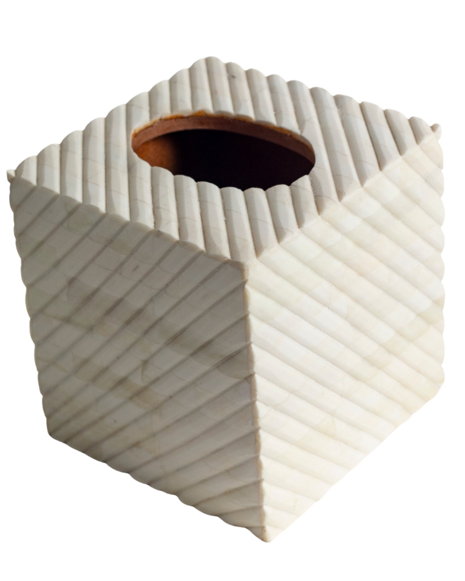 Hand carved bone tissue box with textured geometric pattern, decorative square tissue holder in natural ivory finish.