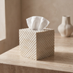 Hand carved bone tissue box with textured geometric pattern, decorative square tissue holder in natural ivory finish