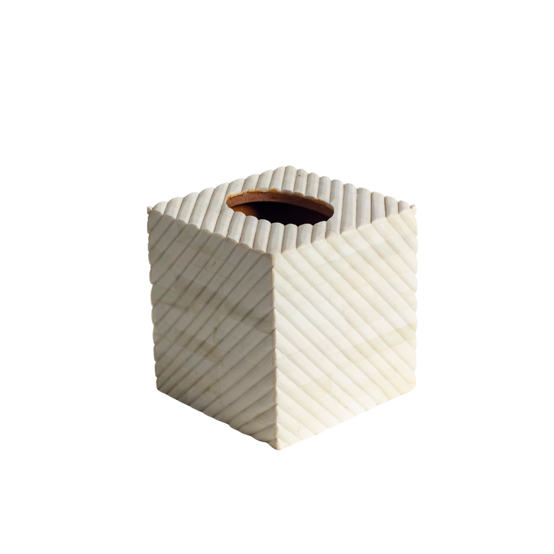 Hand carved bone tissue box with textured geometric pattern, decorative square tissue holder in natural ivory finish
