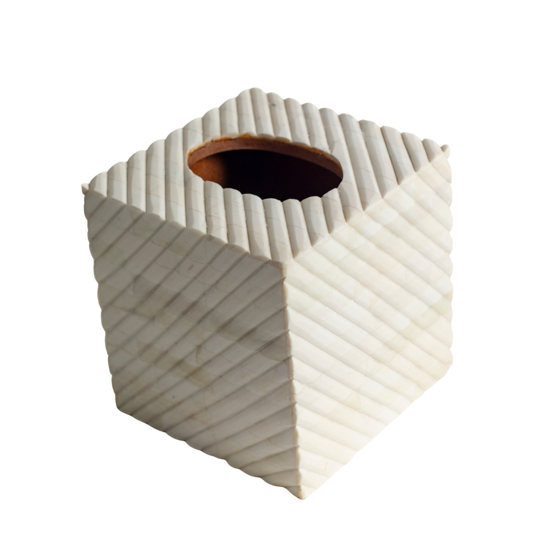 Hand carved bone tissue box with textured geometric pattern, decorative square tissue holder in natural ivory finish