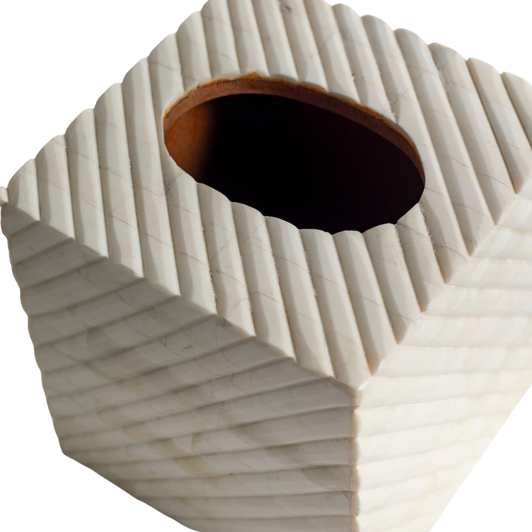 Hand carved bone tissue box with textured geometric pattern, decorative square tissue holder in natural ivory finish