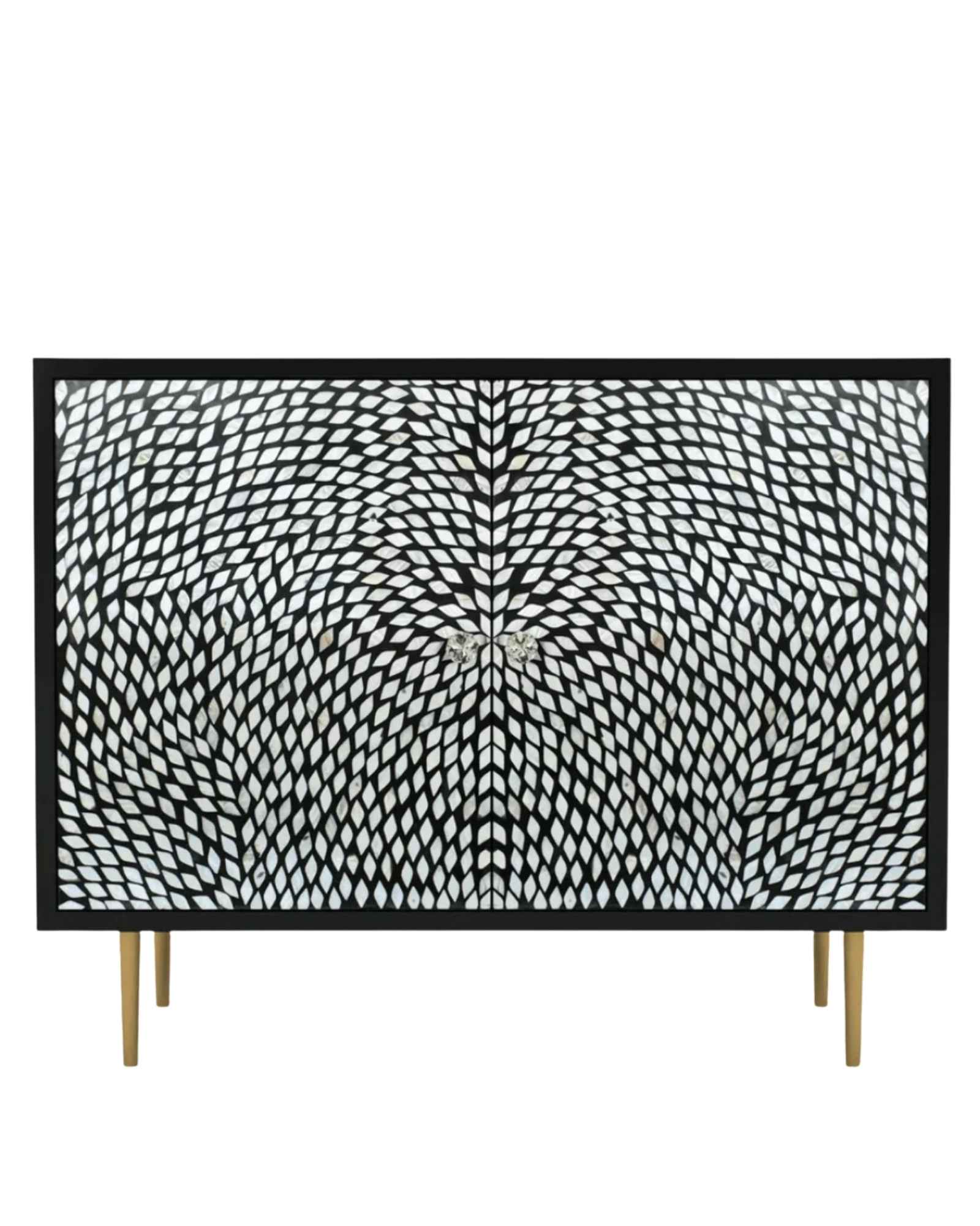 Handcrafted Black |& White Cabinet with intricate Mother of Pearl inlay, featuring a floral pattern and sleek Metal legs. A luxurious storage solution for any space.