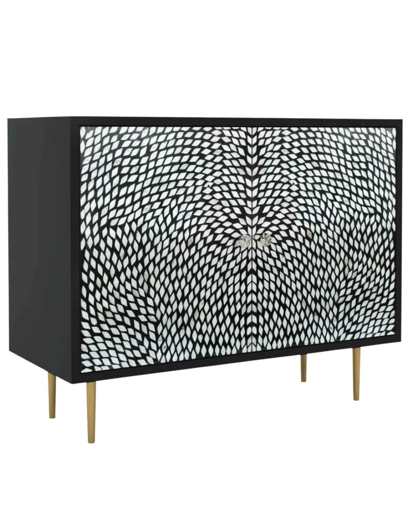 Handcrafted Black |& White Cabinet with intricate Mother of Pearl inlay, featuring a floral pattern and sleek Metal legs. A luxurious storage solution for any space.